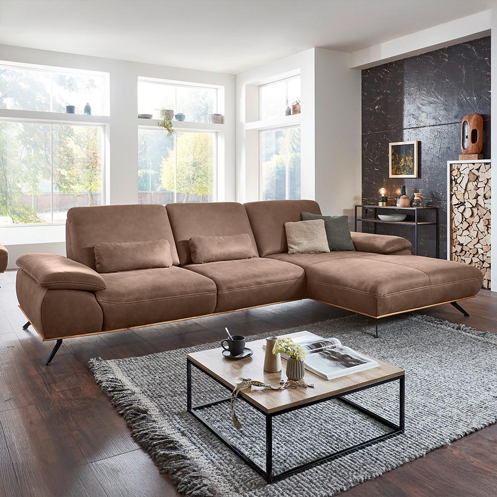 Wohnlandschaft Erling Braun - Beige/Schwarz, MODERN, Leder/Metall (322/89/187cm) - Premium Living