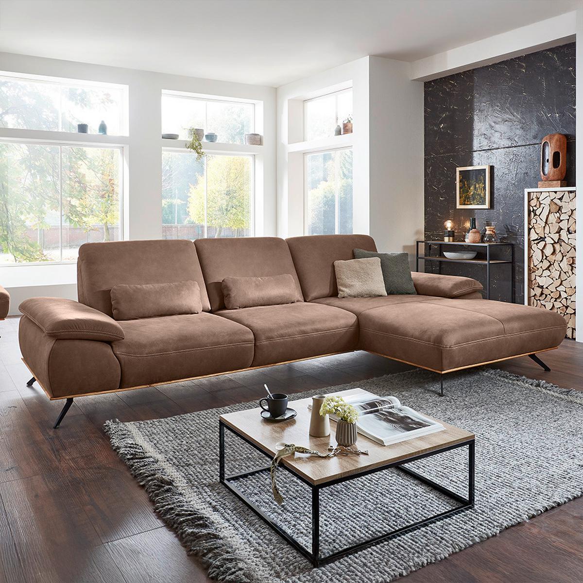 Wohnlandschaft Erling Braun - Beige/Schwarz, MODERN, Leder/Metall (322/89/187cm) - Premium Living