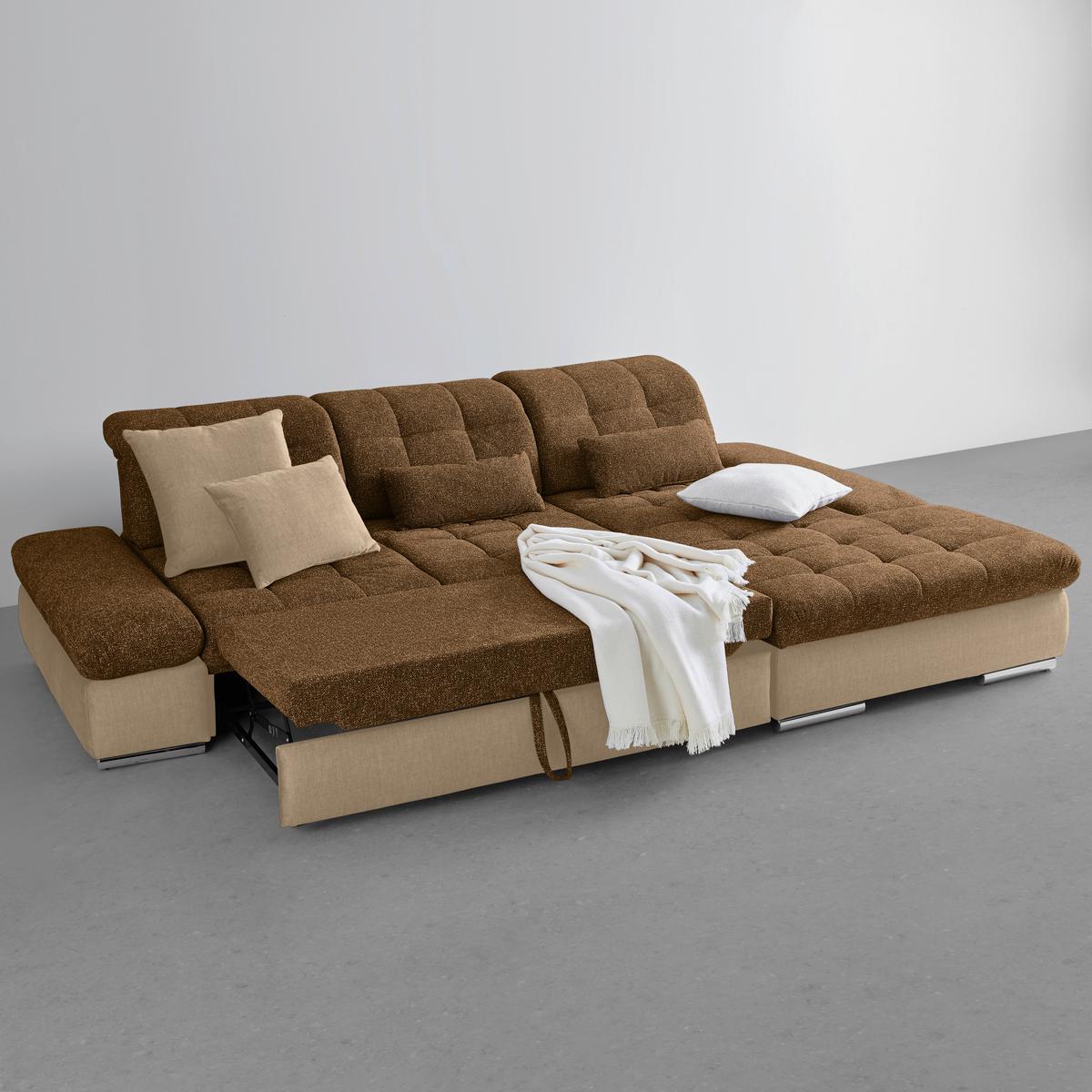 Wohnlandschaft Sanfino Taupe/Cognac - Taupe/Chromfarben, KONVENTIONELL, Holz/Textil (305/79-96/199cm) - Premium Living