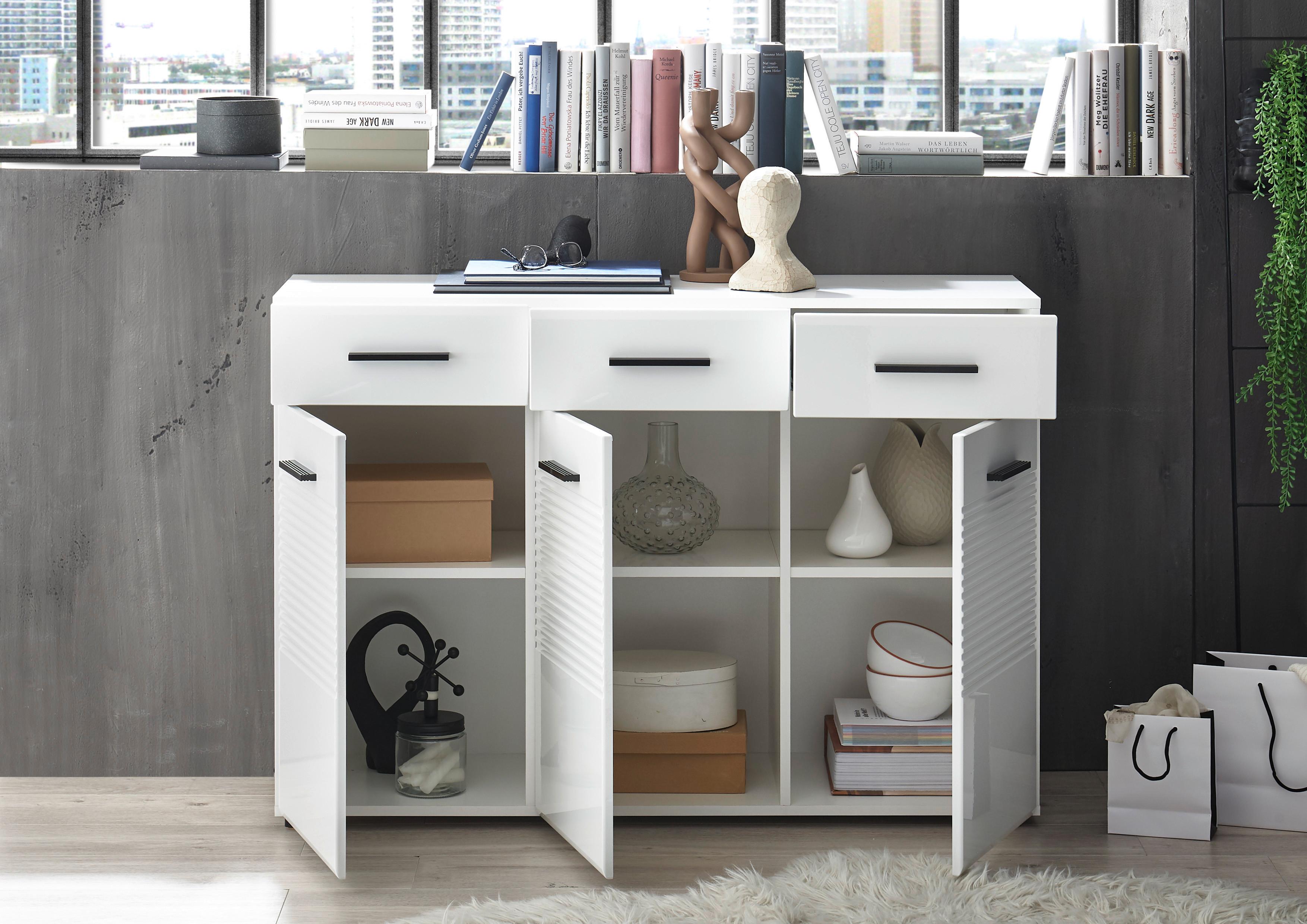 KOMODA BC 1065 - biały wysoki połysk/czarny, Design, materiał drewnopochodny/tworzywo sztuczne (120/83/40cm) - Carryhome