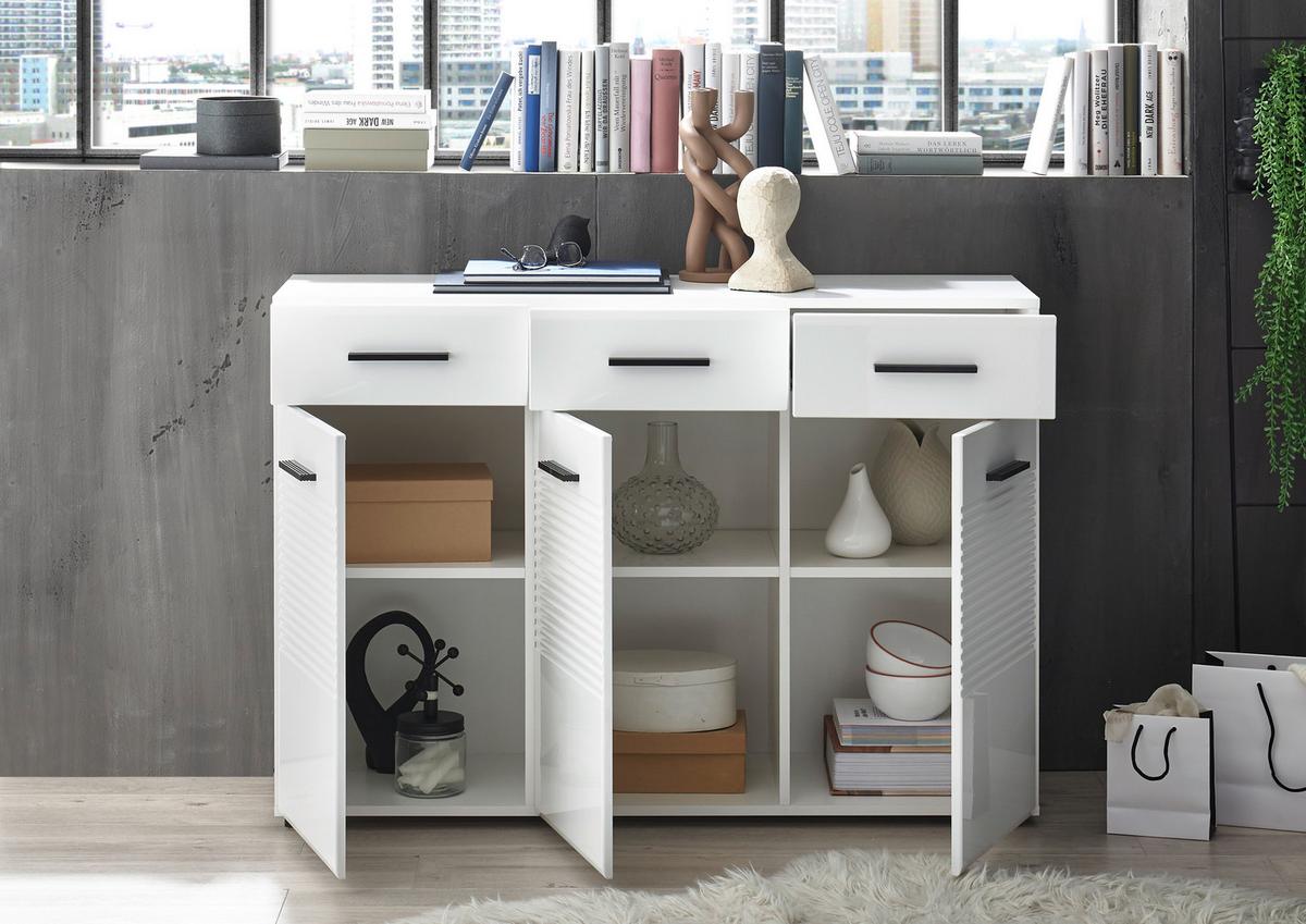 KOMODA BC 1065 - biały wysoki połysk/czarny, Design, materiał drewnopochodny/tworzywo sztuczne (120/83/40cm) - Carryhome