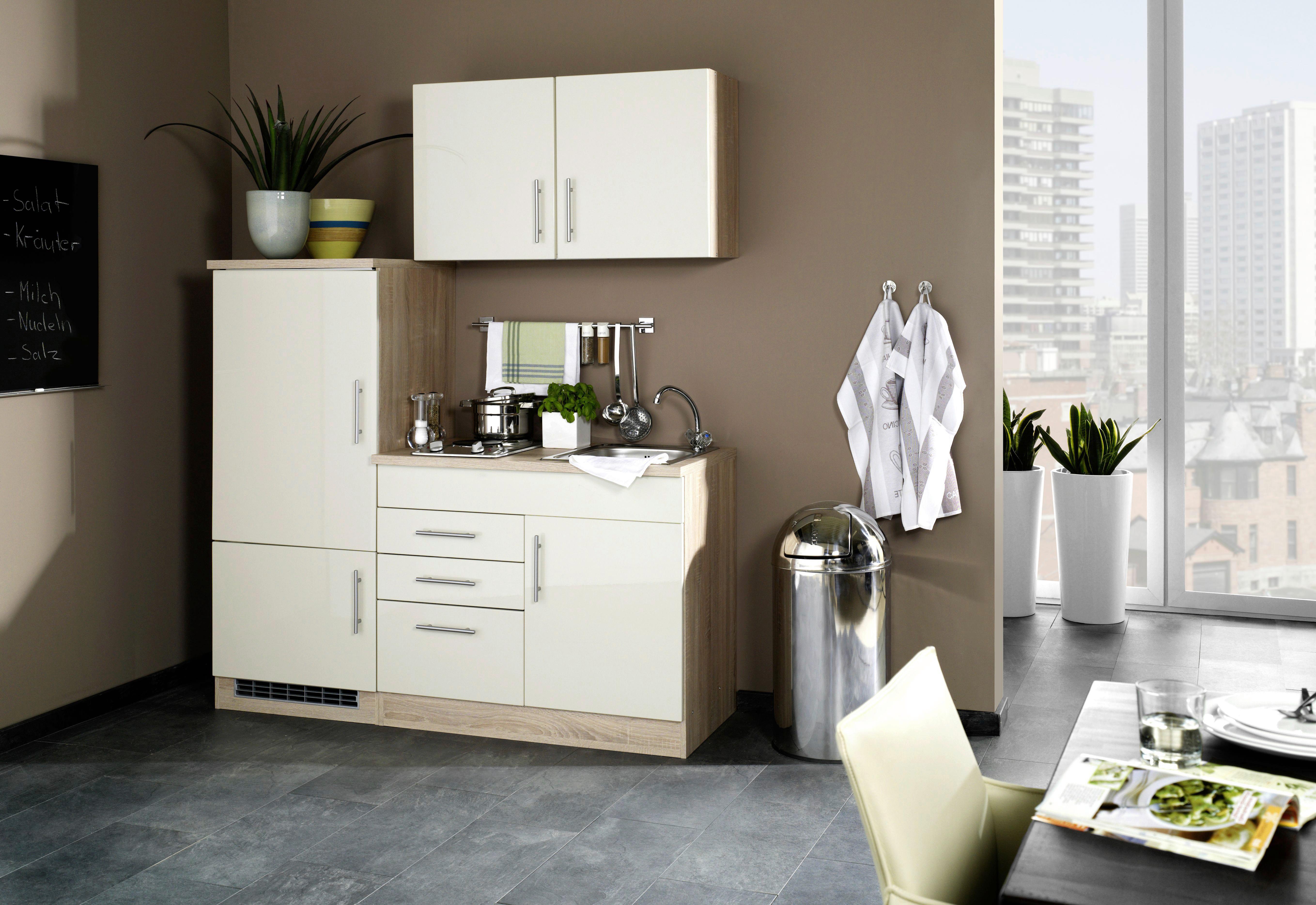 Küchenblock Toronto I Creme/Eichefarben mit Geräten - Chromfarben/Eichefarben, MODERN, Holzwerkstoff/Metall (160cm) - Held