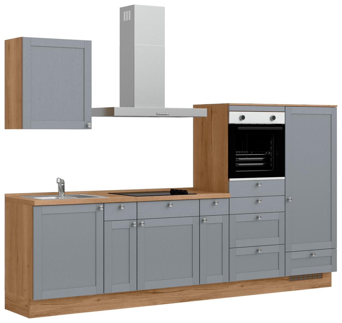 Küchenleerblock Frame Low o. Geräte Blaugrau - Edelstahlfarben/Eichefarben, MODERN, Holzwerkstoff/Metall (300cm) - Nobilia