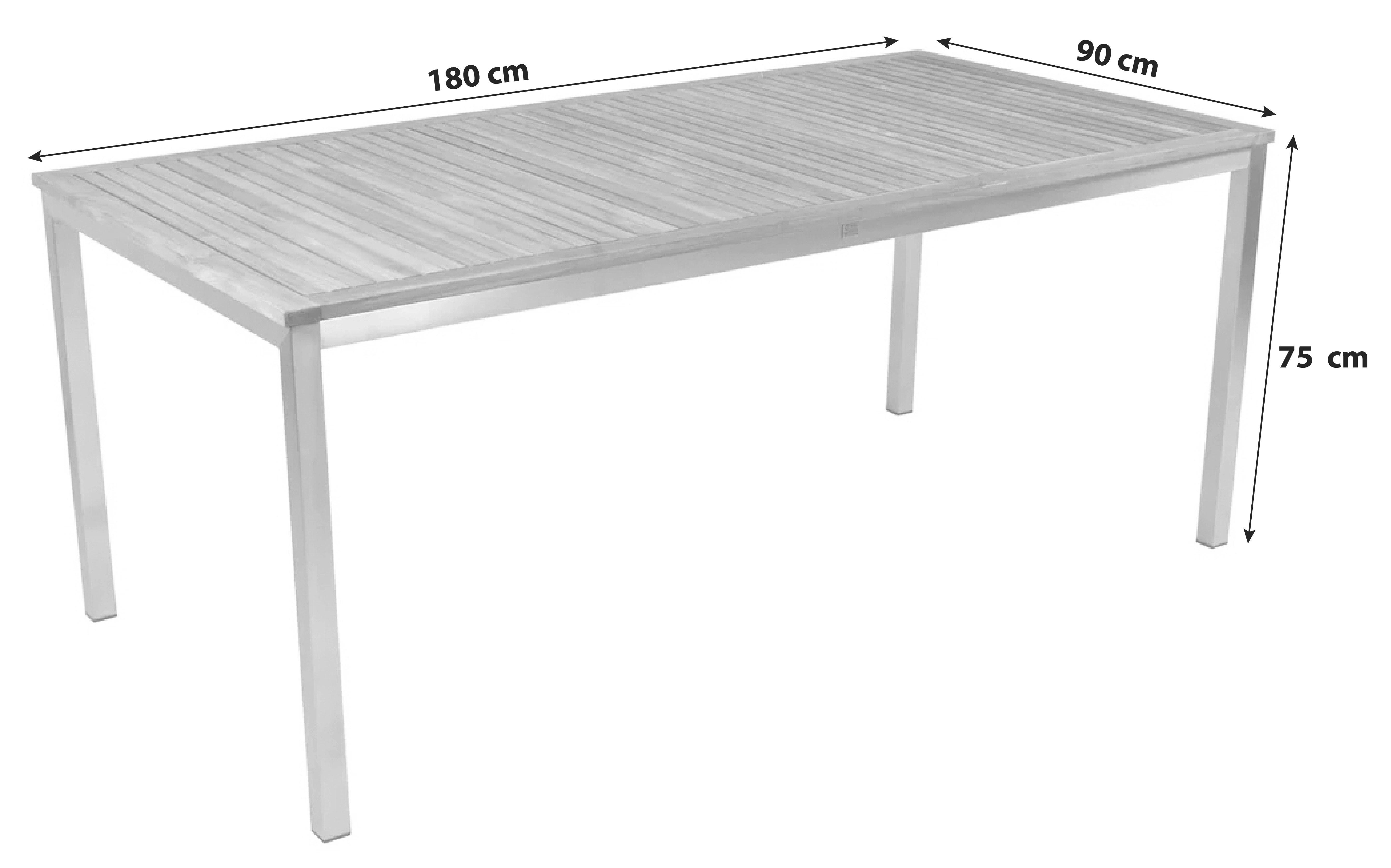 Gartentisch Denver ca. 90x180x75 cm Teak massiv - Silberfarben/Teakfarben, MODERN, Holz/Metall (180/90/75cm) - Gardenson
