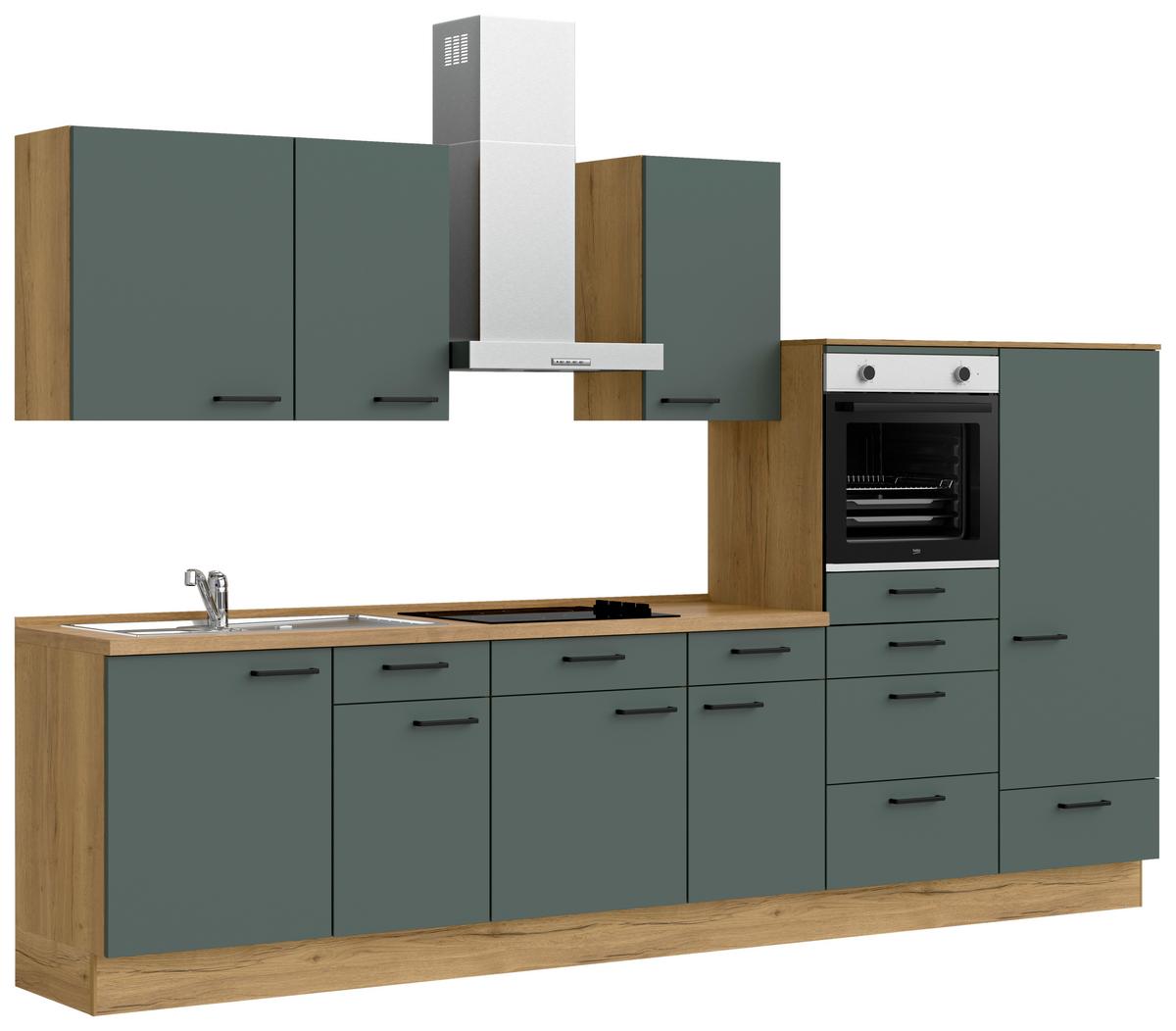 Küchenblock Easytouch Low m. Geräten Dunkelgrün - Dunkelgrün/Eichefarben, MODERN, Holzwerkstoff/Metall (330cm) - Nobilia