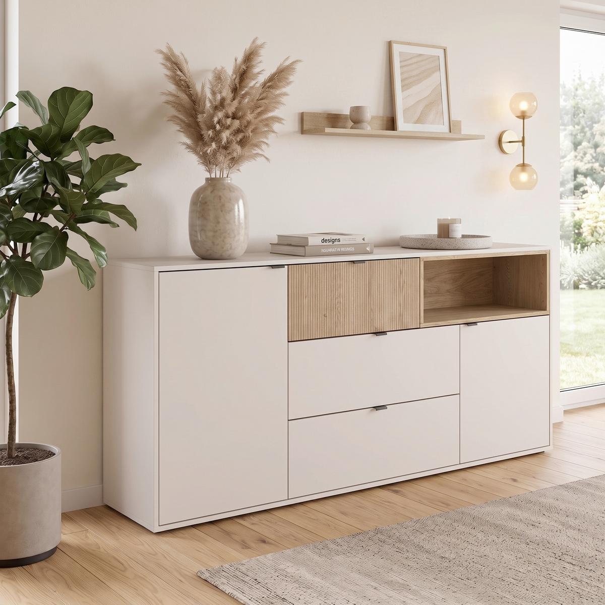 Comodă Samm - bej/culoare lemn stejar, Trend, material pe bază de lemn (183,6/86,5/40cm) - Modern Living