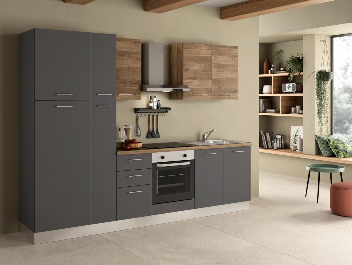 Küchenblock Freia m. Geräte Anthrazit/Nussbaum - Walnussfarben/Alufarben, LIFESTYLE, Holzwerkstoff/Kunststoff (285cm) - MID.YOU