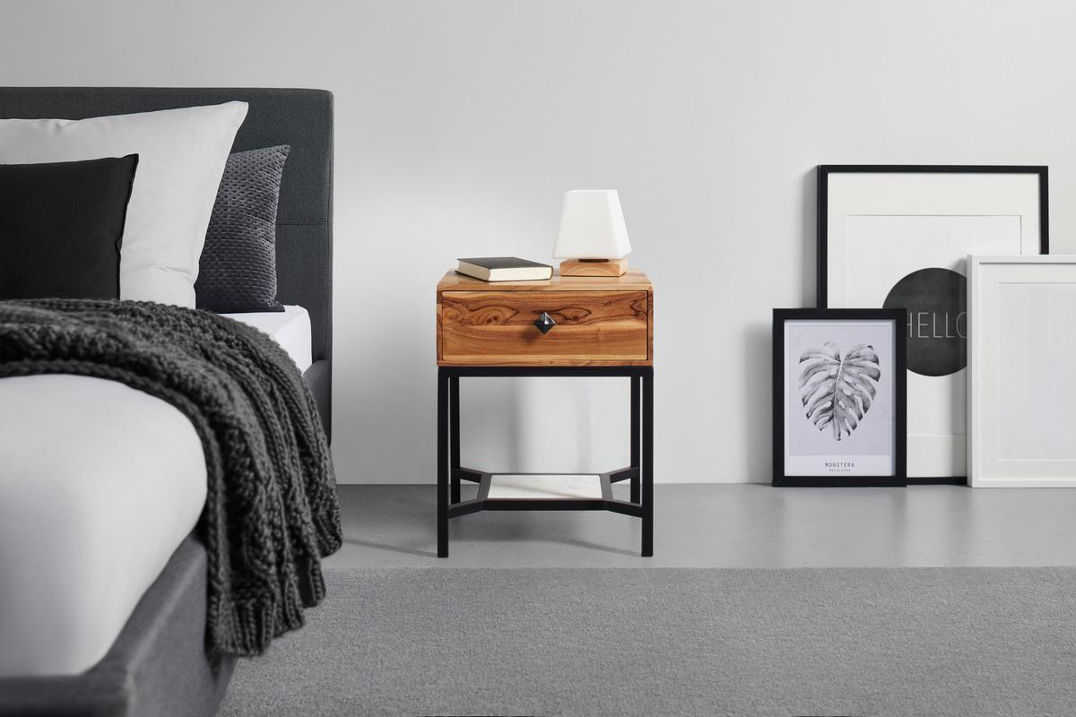 Nachttisch in Akaziefarben - Weiss/Schwarz, Natur, Holz/Stein (40/55/35cm) - Zandiara