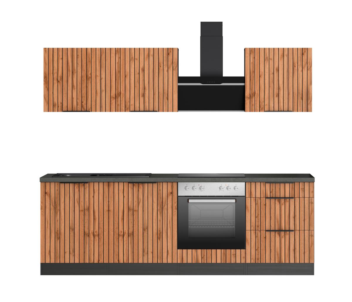 Küchenblock Liverpool m. Geräte Graphit/Eichefarben - Schieferfarben/Eiche Wotan, Basics, Holzwerkstoff/Metall (240cm) - Held