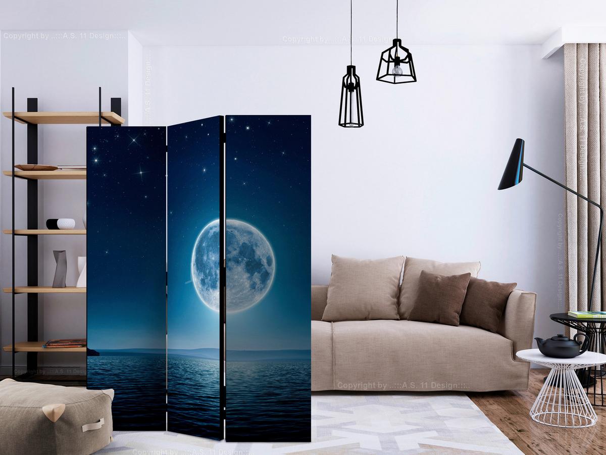 Paravan Moonlit Night, 3-Delni, Dvostranski - svetlo modra/temno modra, Basics, tekstil/les (135/172/3cm) - artgeist