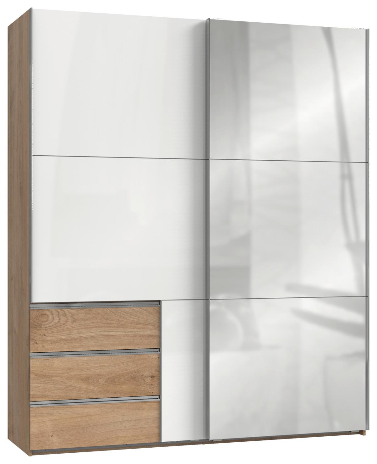 Schwebetürenschrank Level 36D ca. 200 cm Weiß/Eiche Dekor - Chromfarben/Weiß Hochglanz, MODERN, Holzwerkstoff/Metall (200/236/65cm) - MID.YOU