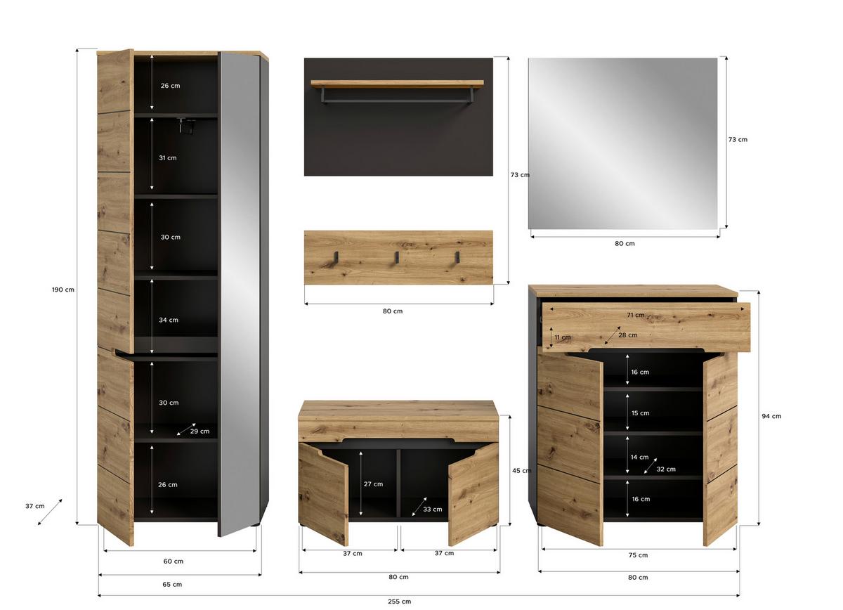Garderobe Canu 5-teilig ca. 255x190x37cm Eiche Dekor,Grau - KONVENTIONELL, Glas/Holzwerkstoff (255/190/37cm) - MID.YOU