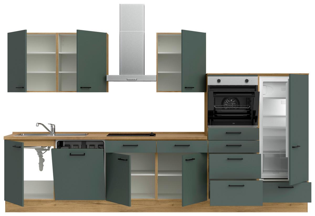 Küchenblock Touch Low m. Geräten Dunkelgrün - Dunkelgrün/Eichefarben, MODERN, Holzwerkstoff/Metall (360cm) - Nobilia