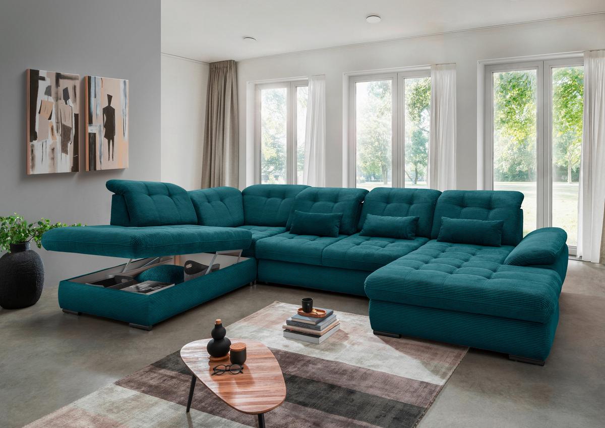 Wohnlandschaft Rigatti Petrol Cord mit Bettkasten - Petrol/Schwarz, MODERN, Textil/Metall (252/387/184cm) - Livetastic