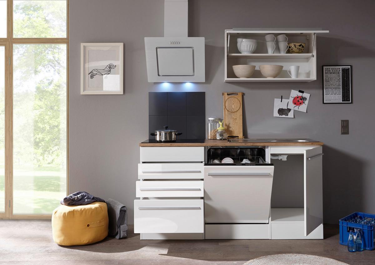 Küchenblock Premium m. Geräten Weiß/Eiche ca. 290 cm - Wildeiche/Edelstahlfarben, Basics, Holzwerkstoff/Kunststoff (290cm) - Respekta