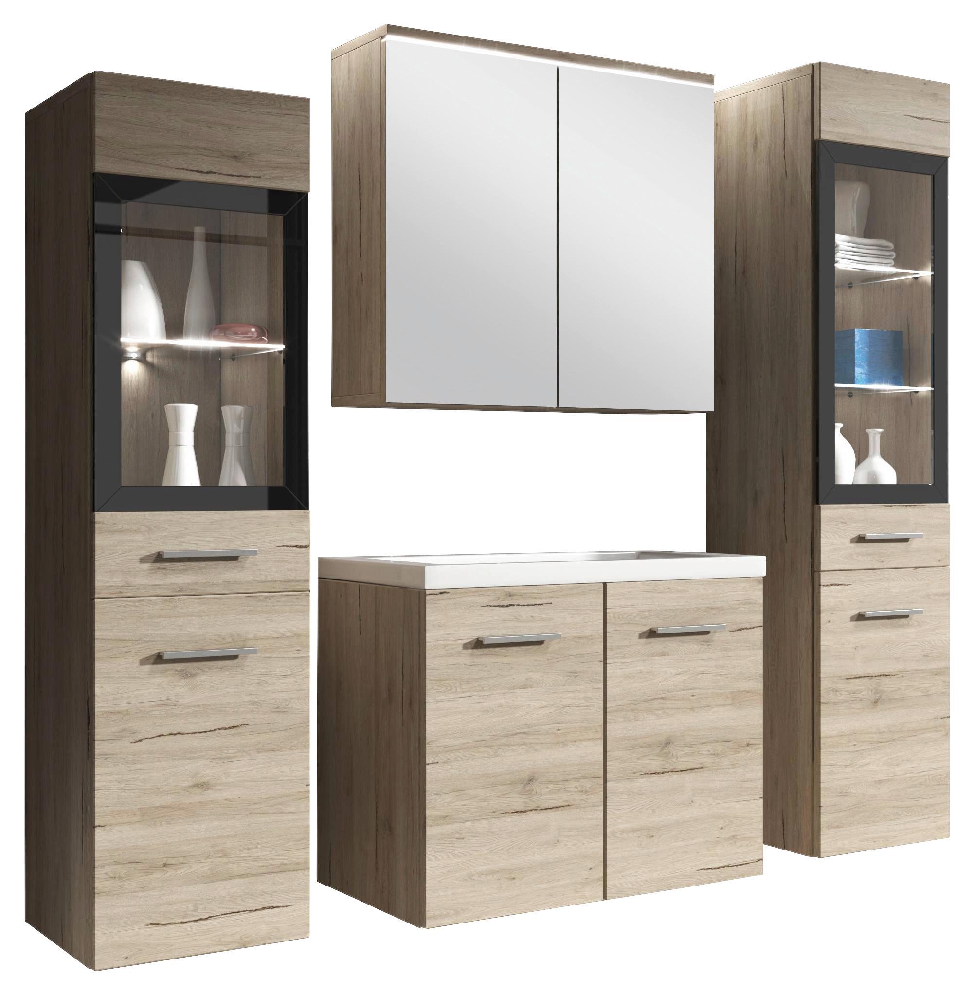 Badmöbel-Set 5-tlg. Madrit mit LED ca. 120 cm San Remo Eiche - Eiche San Remo/Weiß, Basics, Glas/Holzwerkstoff (120cm) - P & B