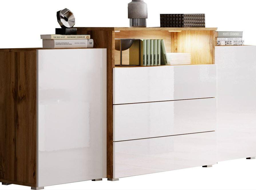 Sideboard Urban III mit LED ca. 150x69 cm Weiß/Eiche Wotan - Weiß Hochglanz/Eiche Wotan, LIFESTYLE, Holzwerkstoff/Kunststoff (150/68,7/32,5cm) - P & B