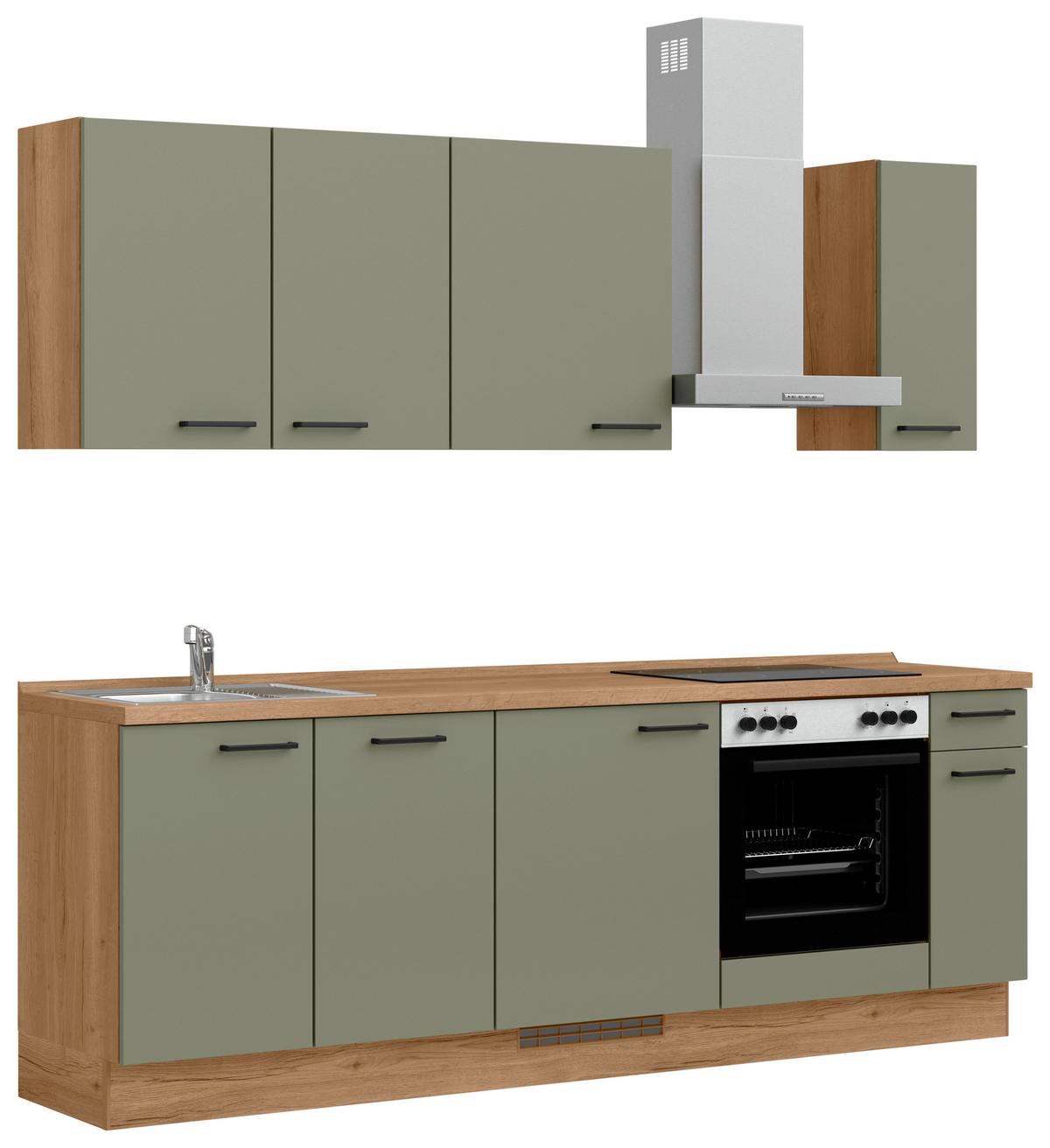 Küchenleerblock Senso Low o. Geräte Olivgrün - Eichefarben/Schwarz, MODERN, Holzwerkstoff/Metall (240cm) - Nobilia