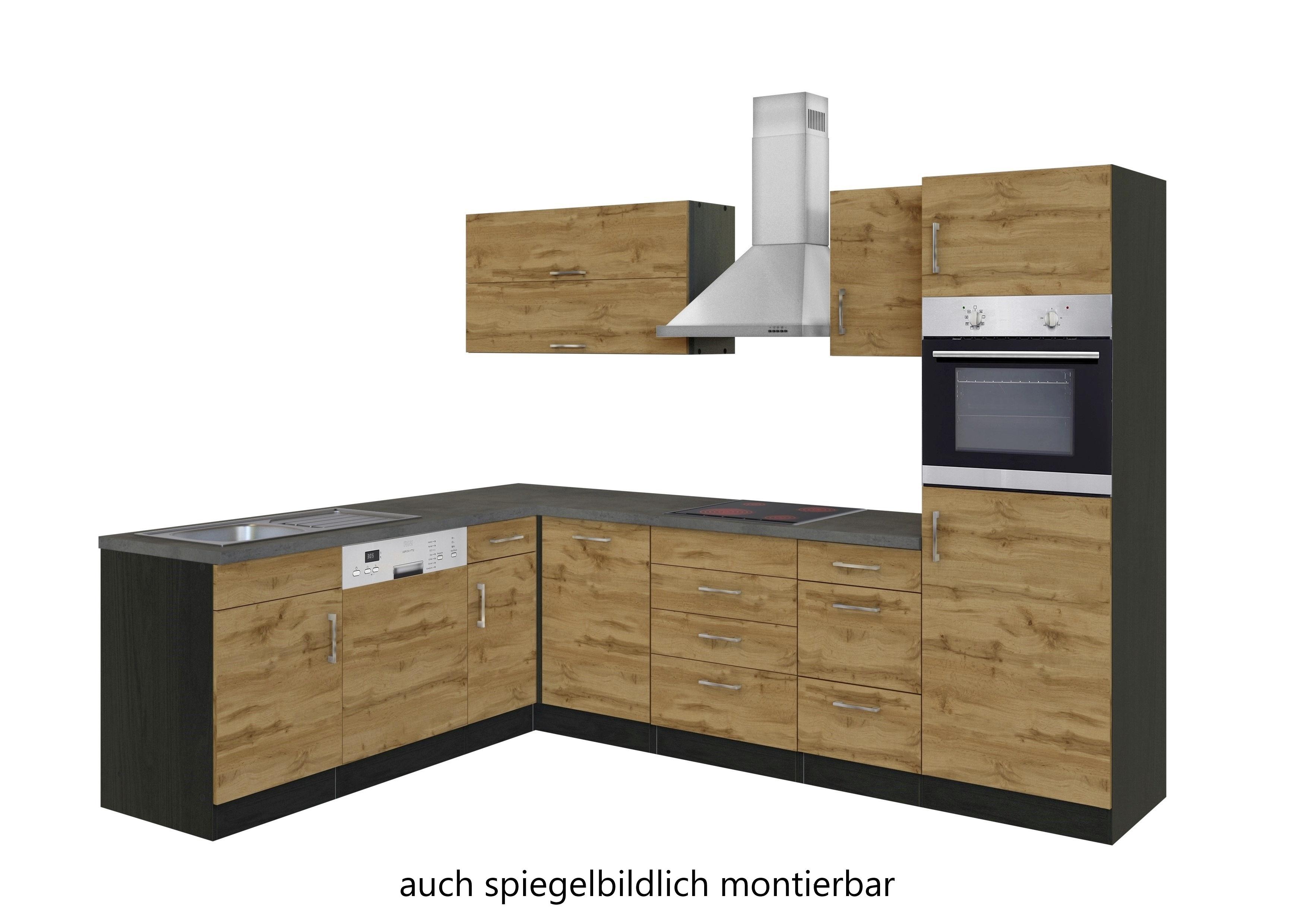 Eckküche Winkelblock mit Geräten ca. 210x270 cm Eiche - Chromfarben/Schieferfarben, MODERN, Holzwerkstoff/Metall (210/270cm) - Held