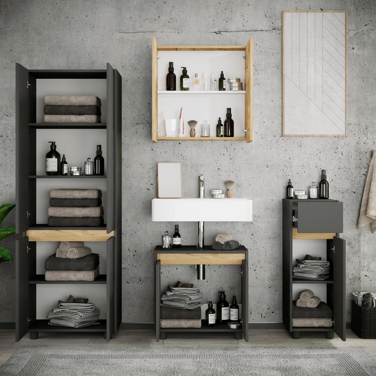 Badezimmer Cosila - Honigeiche/Anthrazit, Trend, Holzwerkstoff/Kunststoff (154cm) - MID.YOU