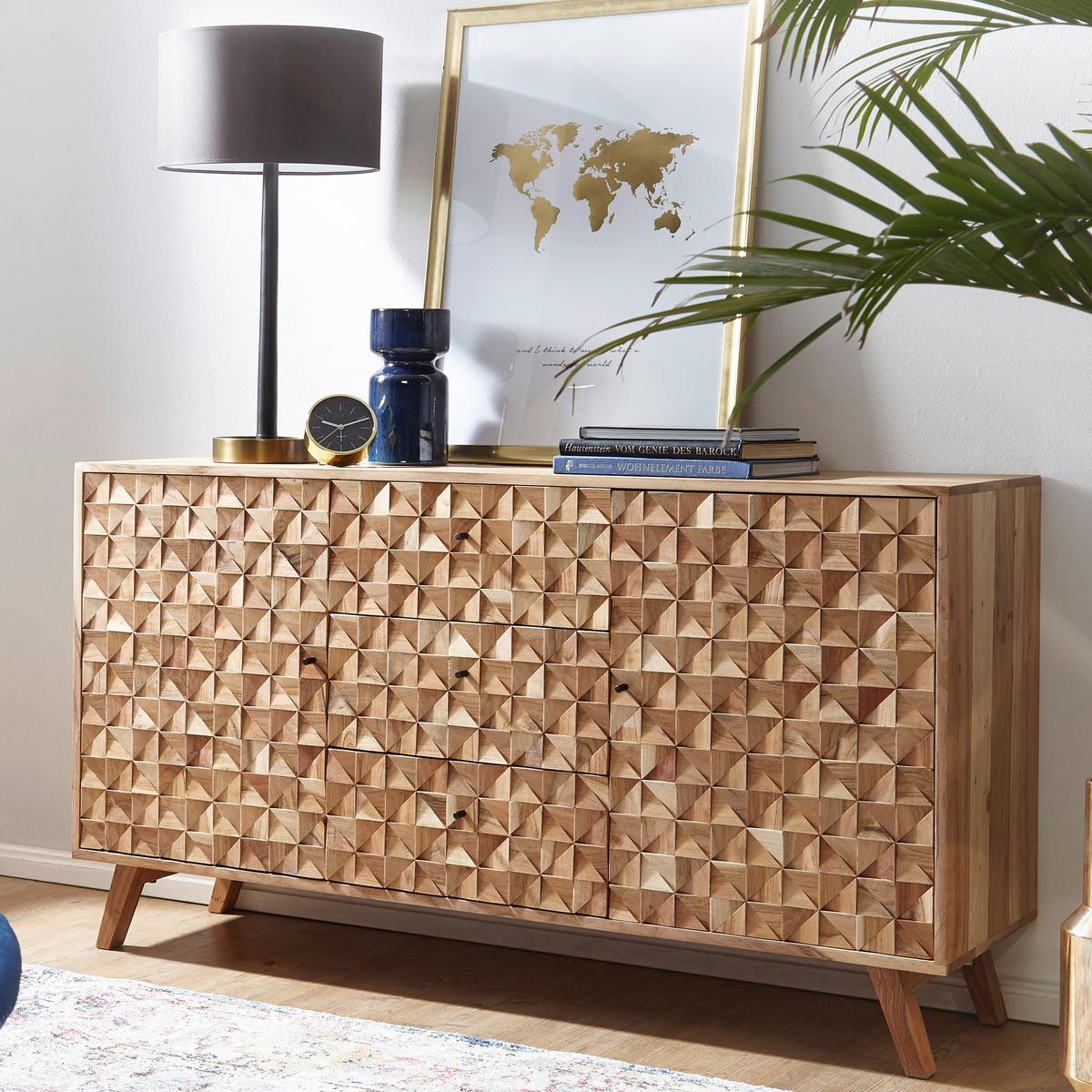 Komoda Rewa, Pravi Les - črna/barve akacije, Design, kovina/les (140/40/79cm) - MID.YOU