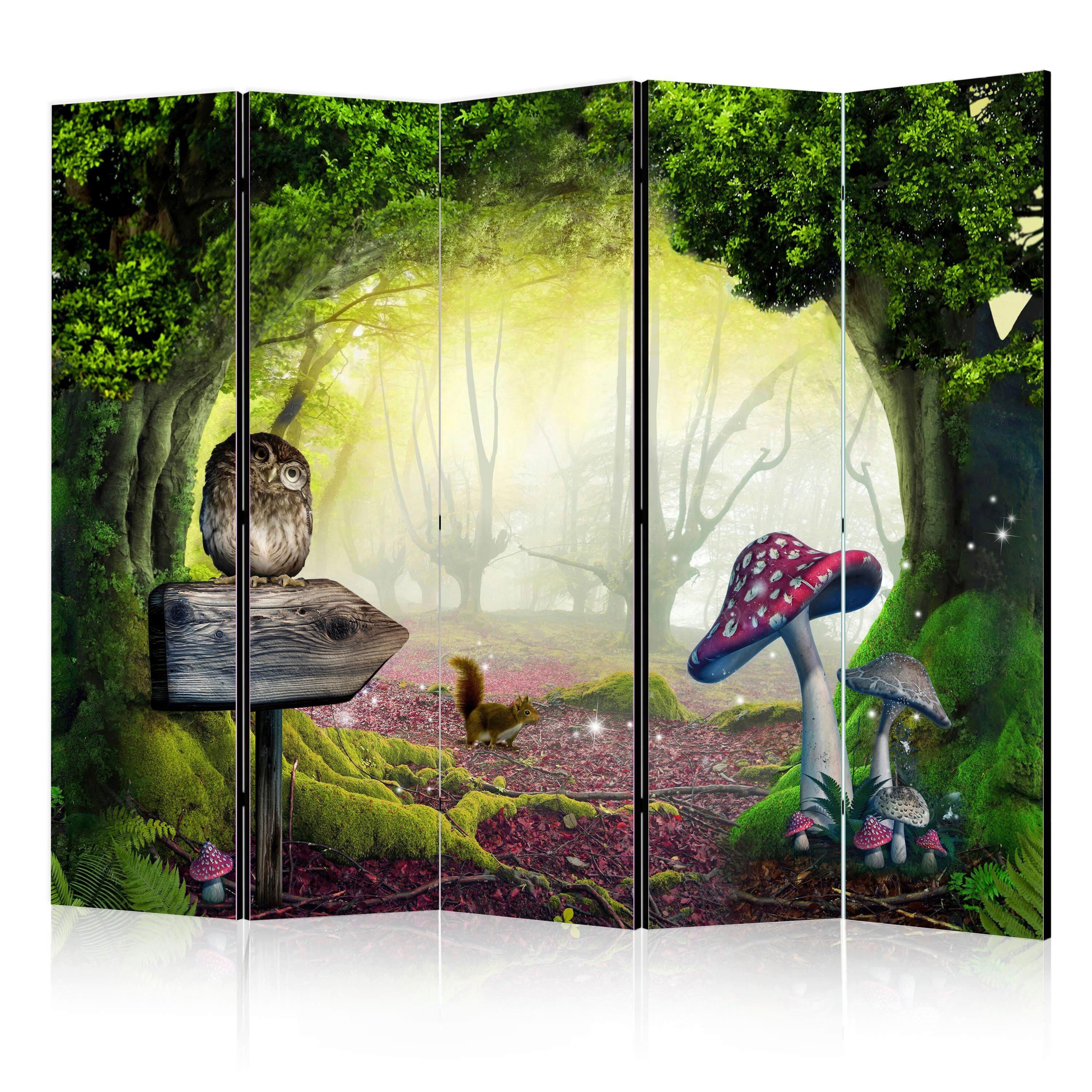 Paravan Owlish Corner I, 5-Delni, Enostranski - gozdno zelena/svetlo zelena, Basics, tekstil/les (225/172/3cm) - artgeist