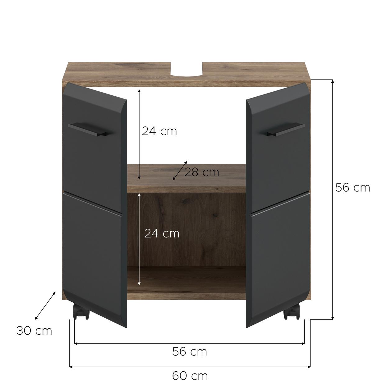 Waschbeckenunterschrank Ice Schwarz/Eiche dunkel - Eiche dunkel/Schwarz, Trend, Holzwerkstoff/Kunststoff (60/58/30cm) - MID.YOU