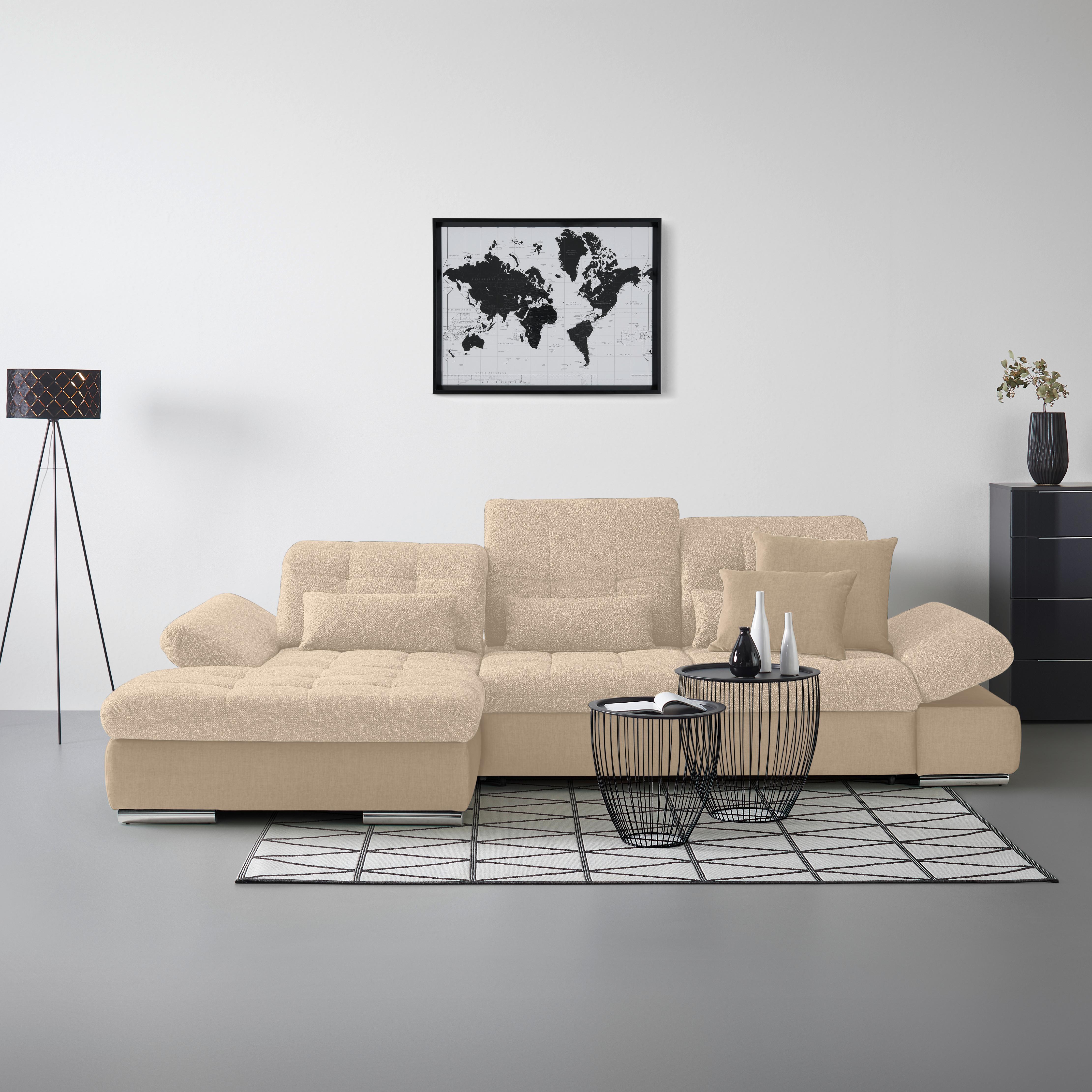 Wohnlandschaft Sanfino Beige - Chromfarben/Beige, KONVENTIONELL, Holz/Textil (199/79-96/305cm) - Premium Living