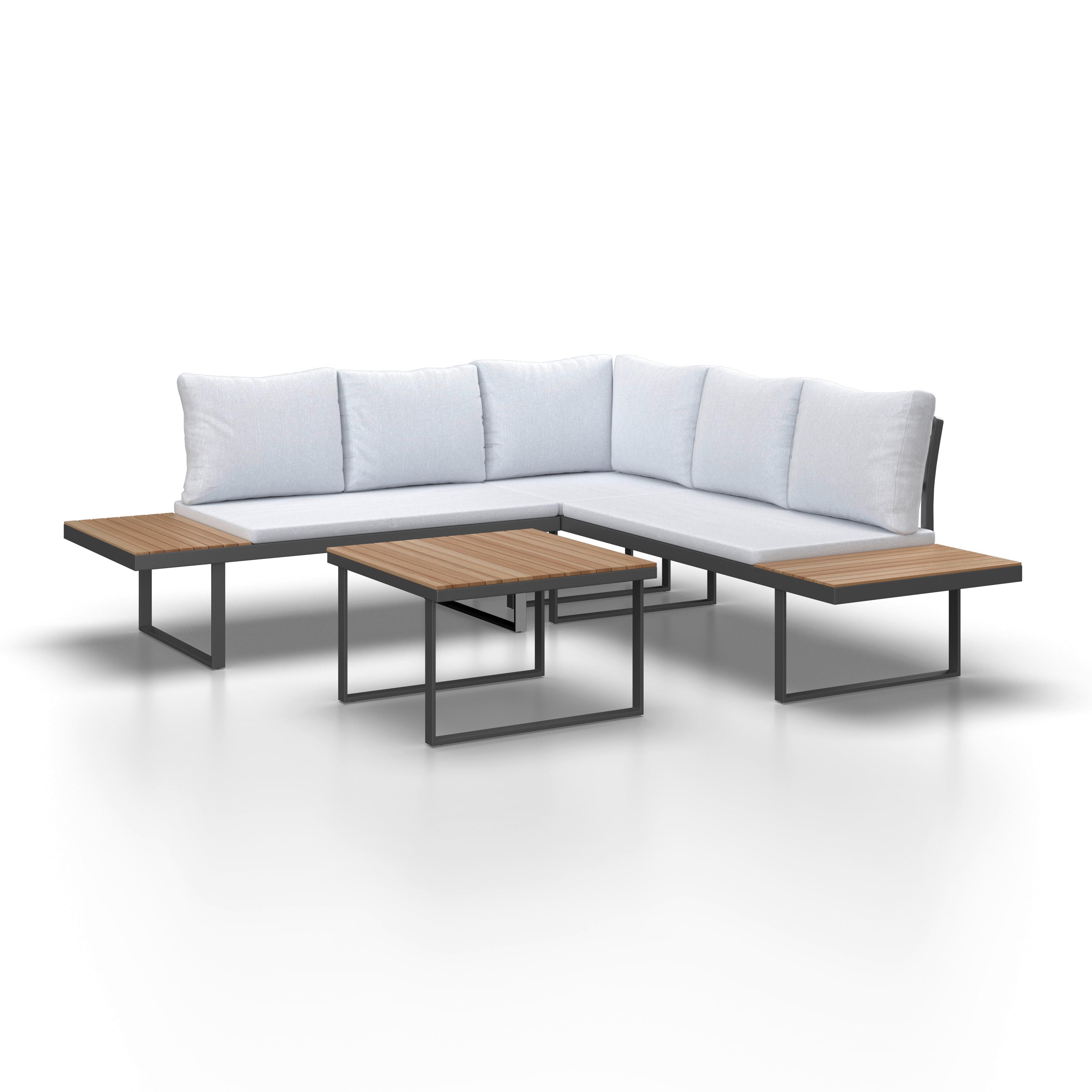 Loungegarnitur Elia Grau Outdoorstoff/Metall/Holz - Hellgrau, MODERN, Holz/Textil (236,5/75/236,5cm) - Bessagi Garden
