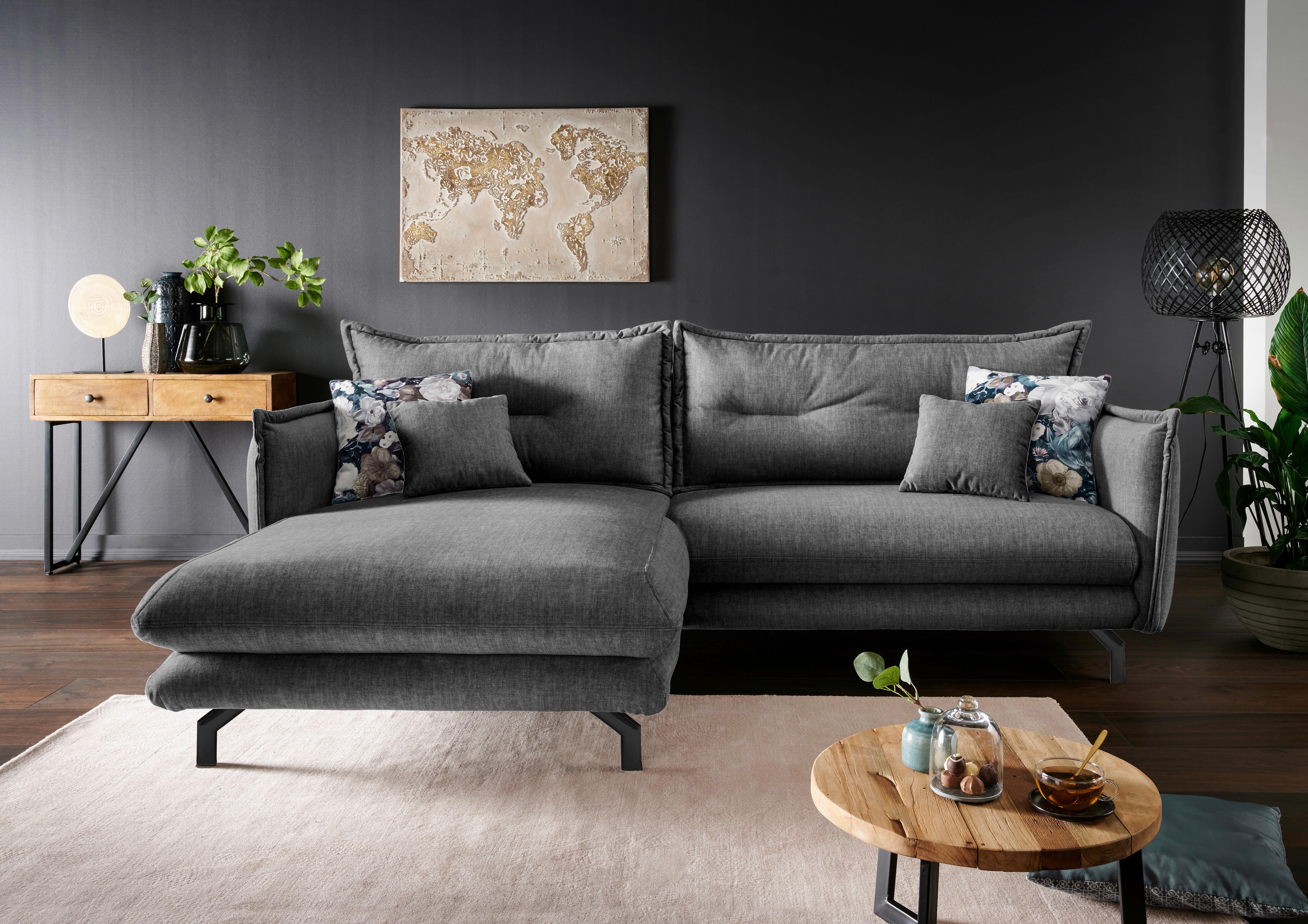 Wohnlandschaft Lava Grau Velours - Türkis/Schwarz, MODERN, Textil/Metall (180/255cm) - Livetastic