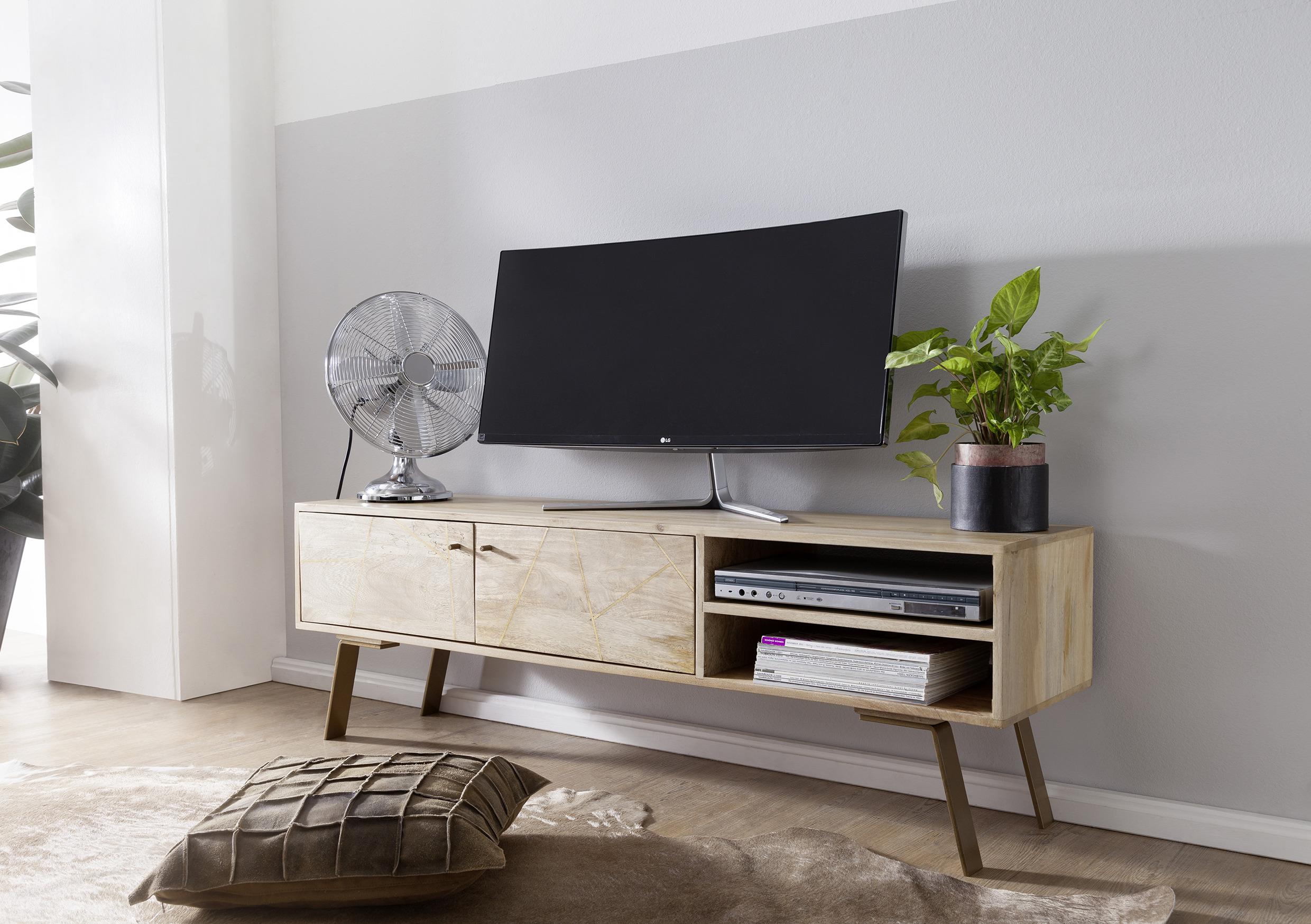 Lowboard "WL5.607" , aus Mango, braun/gold - Goldfarben/Braun, Design, Holz/Metall (145/47/35cm) - MID.YOU