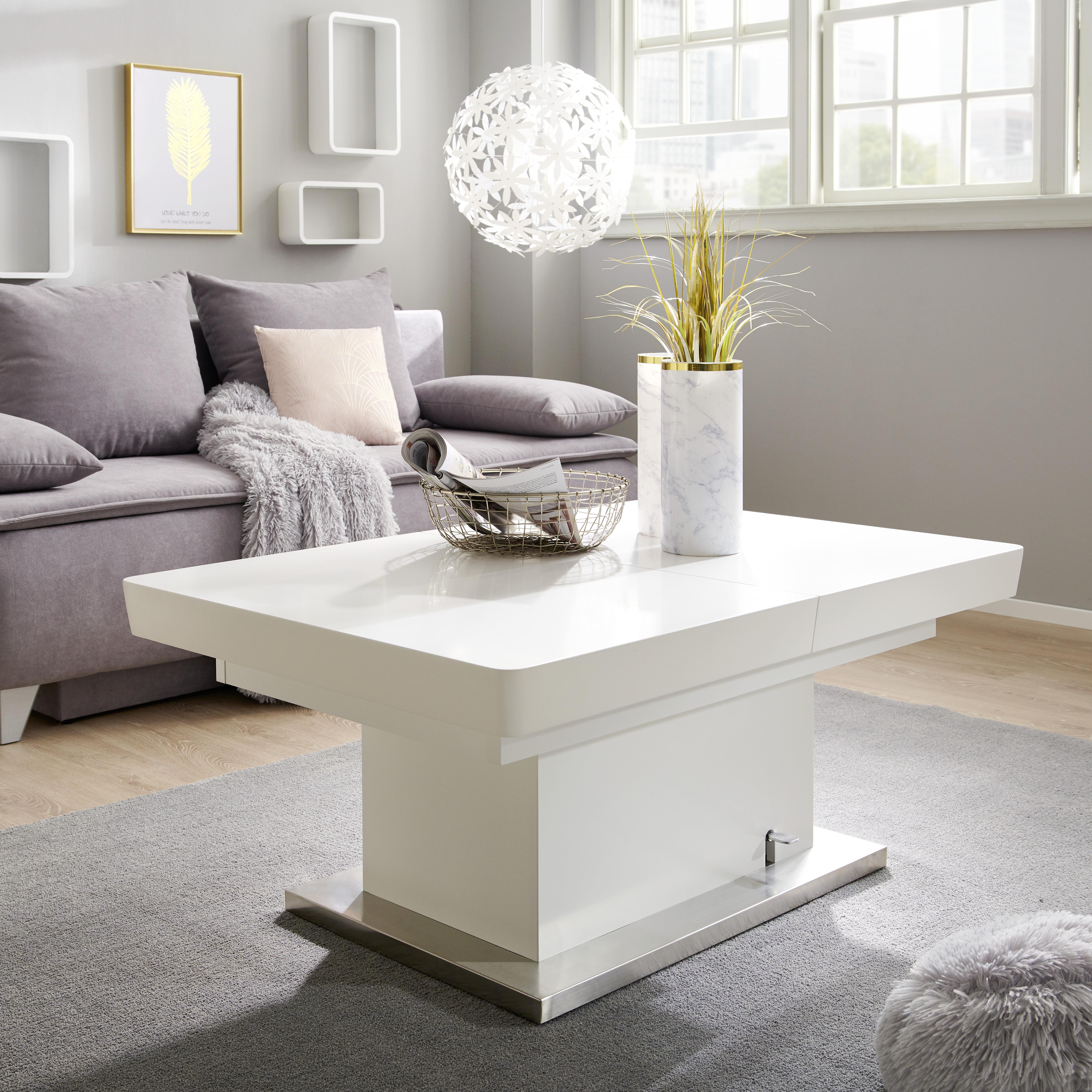 Klubska Miza Manchester, Bela, Raztegljiva, Nastavljiva - barve nerjavečega jekla/bela, Moderno, kovina/leseni material (120-160/50-78/80cm)