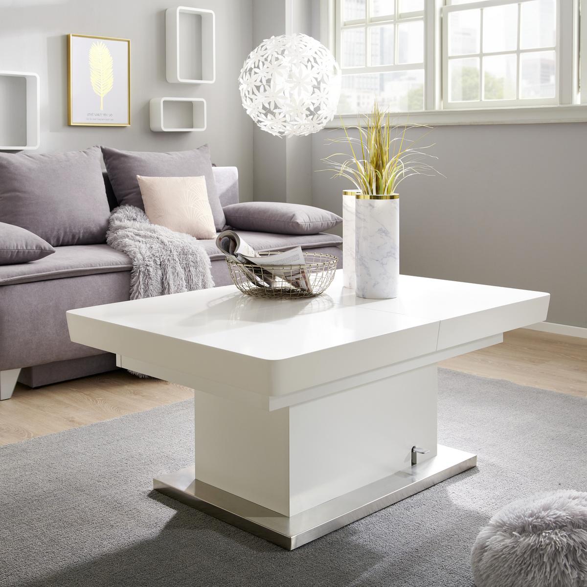 Klubska Miza Manchester, Bela, Raztegljiva, Nastavljiva - barve nerjavečega jekla/bela, Moderno, kovina/leseni material (120-160/50-78/80cm)