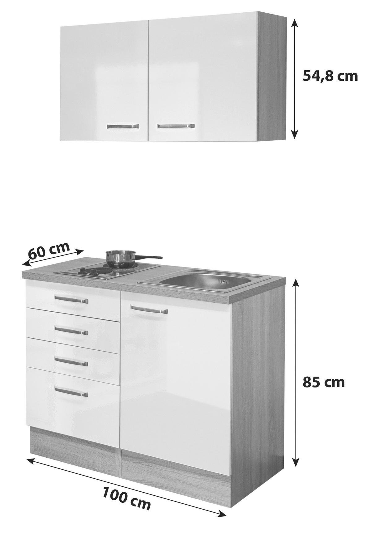 Miniküche Valero m. Geräten B: ca. 100cm Weiß Hochglanz - Edelstahlfarben/Weiß Hochglanz, MODERN, Holzwerkstoff/Metall (100cm) - FlexWell