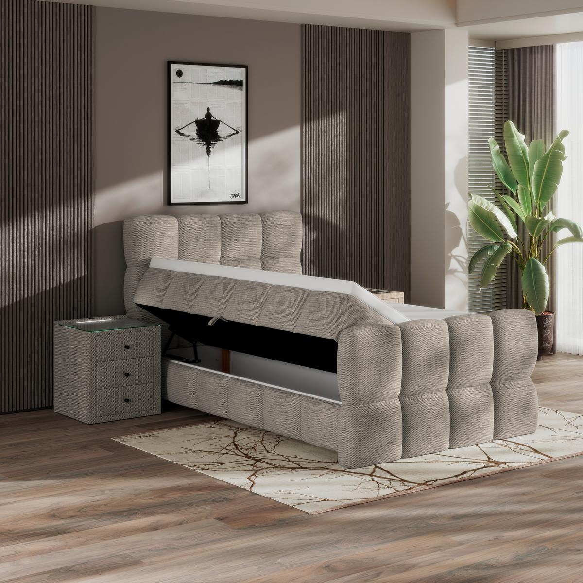 Postelja Boxspring Brisbane, Bež, 140x220 - črna/bež, Trend, kovina/umetna masa (140/220cm) - Premium Living
