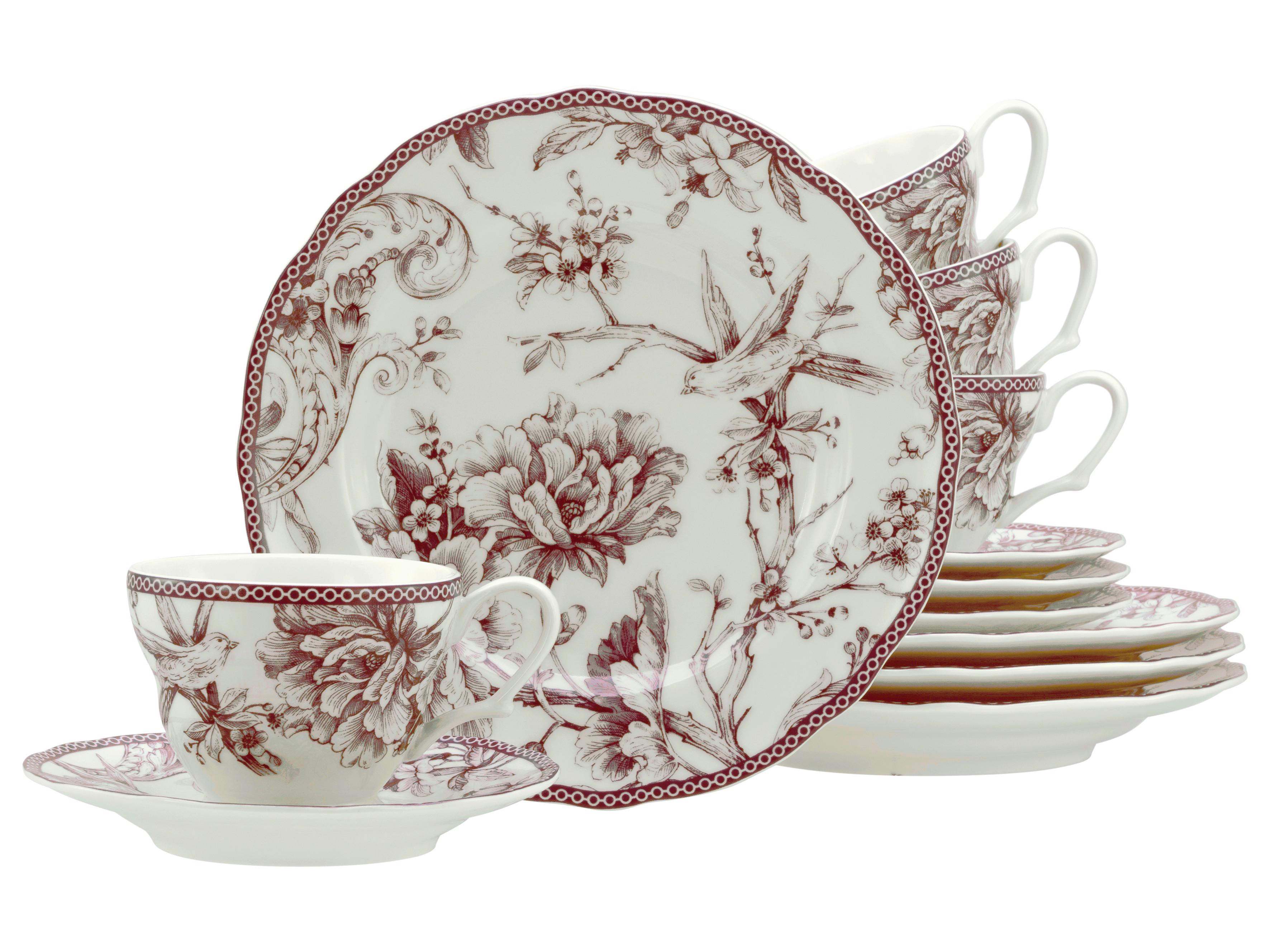 Serviciu de cafea Adelaide 12/1 - alb/bordo, Basics, ceramică - Creatable