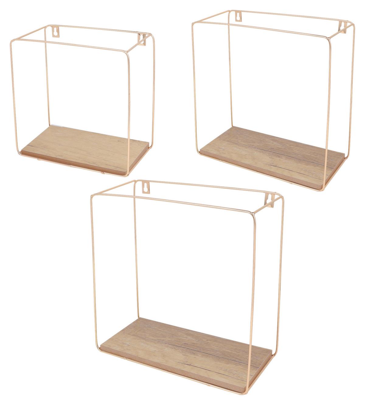 Set etajere de perete ANCONA - auriu/culoare lemn stejar, Modern, metal/material pe bază de lemn (32/27/22/32/27/22/12cm) - Modern Living