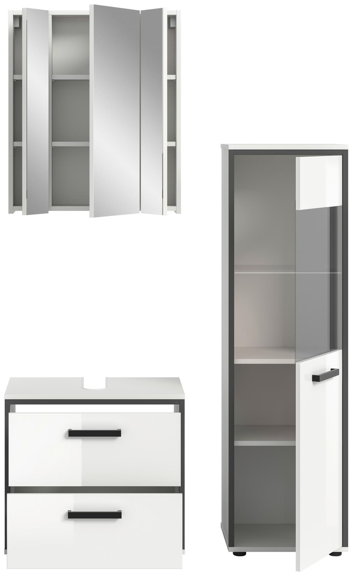 Badezimmer Kojak 3-tlg. Weiß/Anthrazit - Weiß Hochglanz/Schwarz, MODERN, Holzwerkstoff/Kunststoff (100cm) - MID.YOU