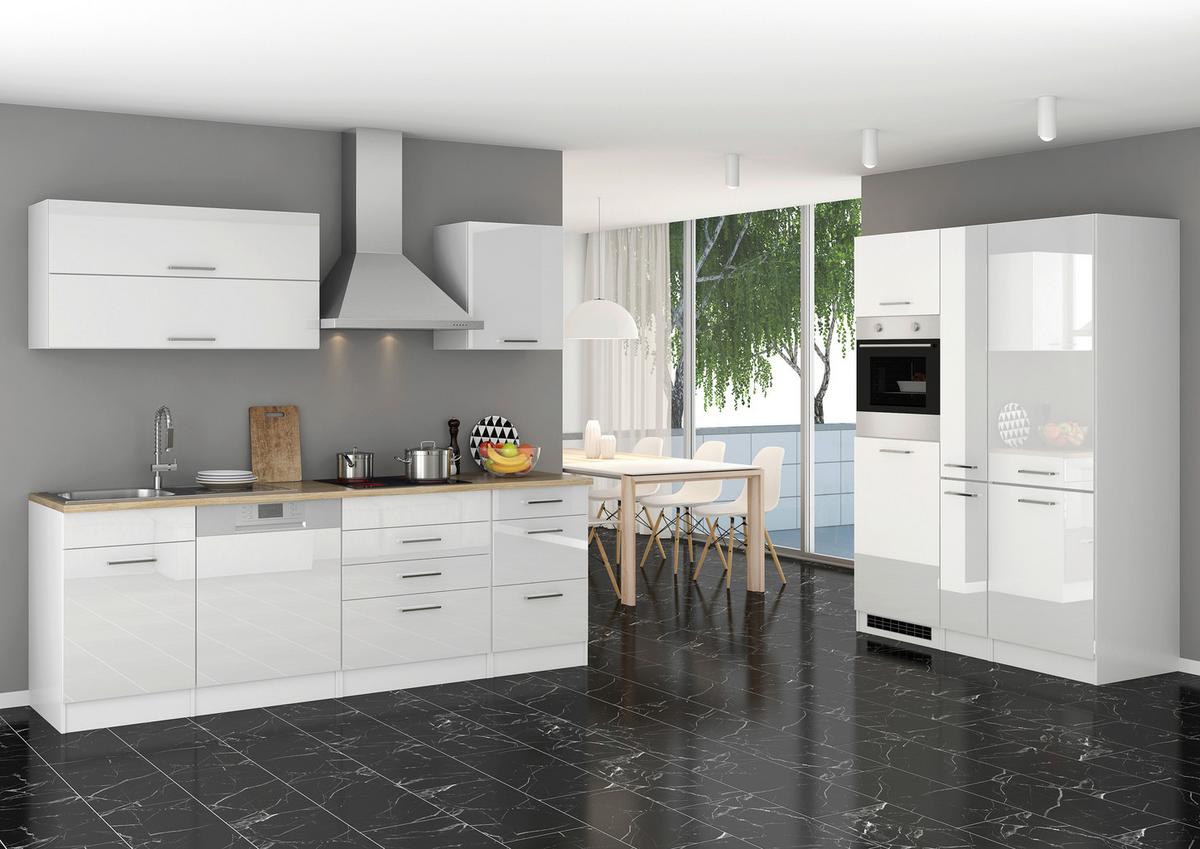 Küchenblock m. Geräten Weiß Hochglanz - Weiß Hochglanz/Silberfarben, MODERN, Holzwerkstoff/Metall (390cm) - Held