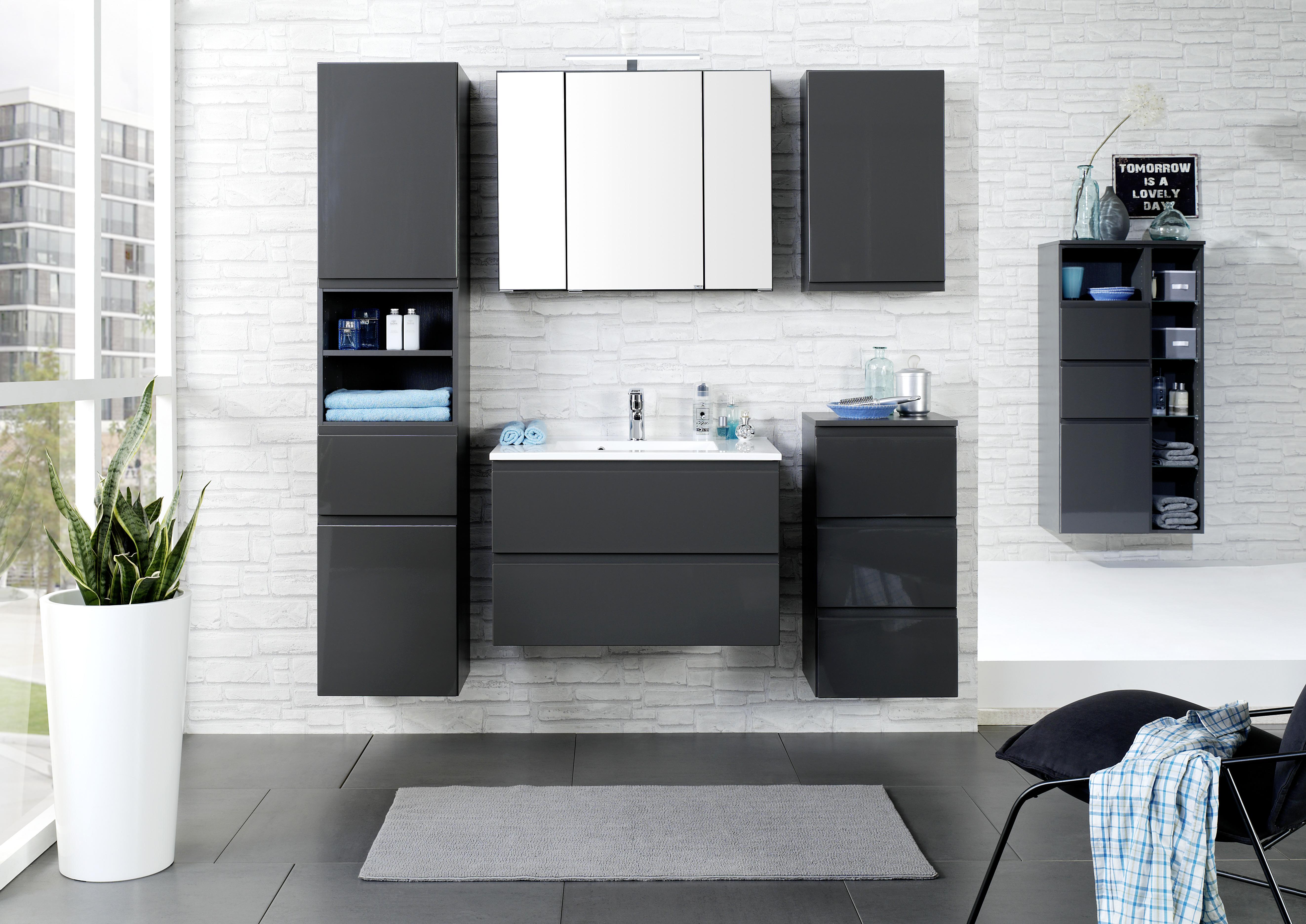Spiegelschrank Cardiff 3-türig ca. 80x64 cm Graphitfarben - Chromfarben, KONVENTIONELL, Glas/Holzwerkstoff (80/64/20cm) - Held
