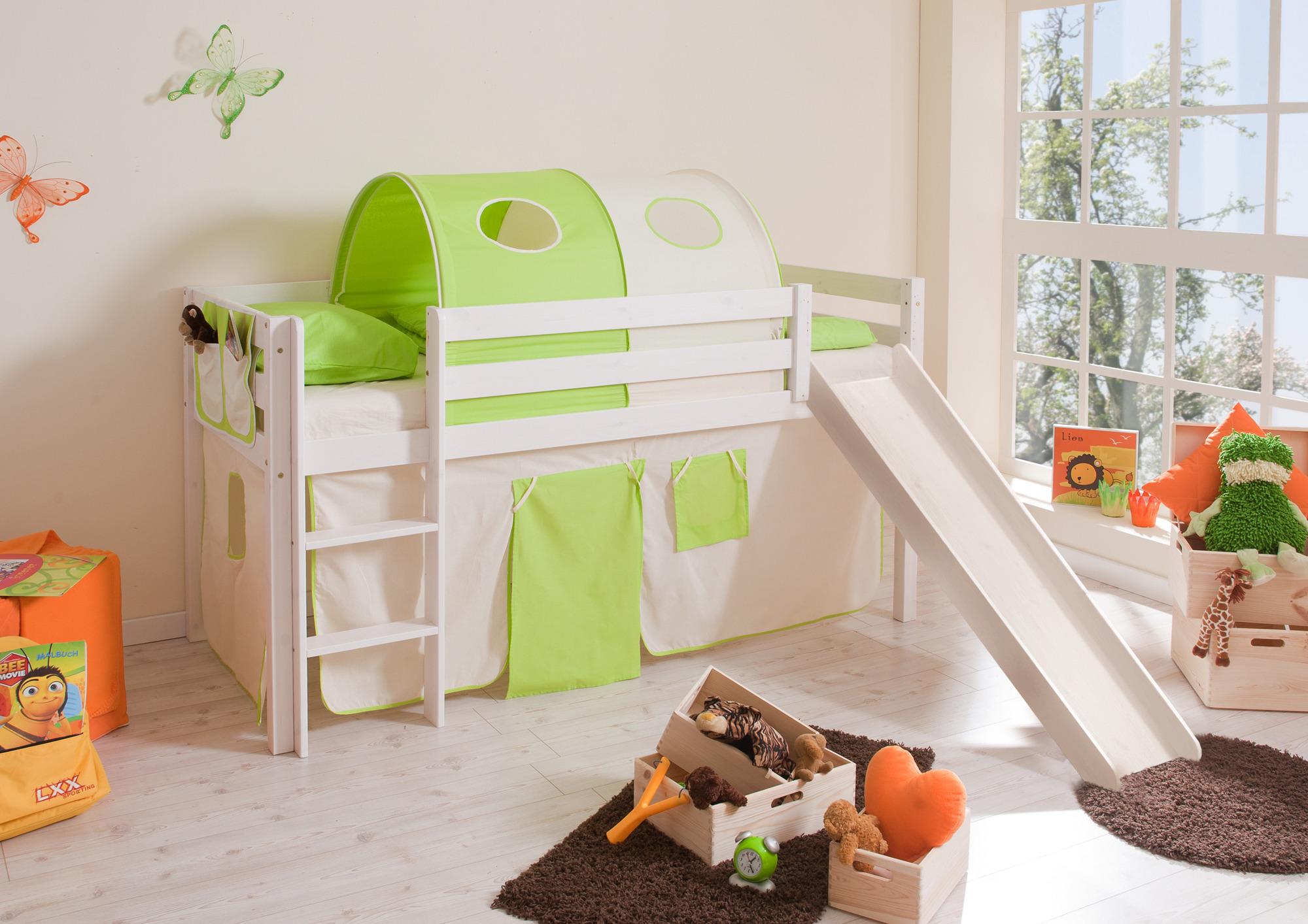 Spielbett "Manuel",aus Kiefer, grün/weiß/beige - Beige/Weiß, Natur, Holz (90/200cm) - MID.YOU