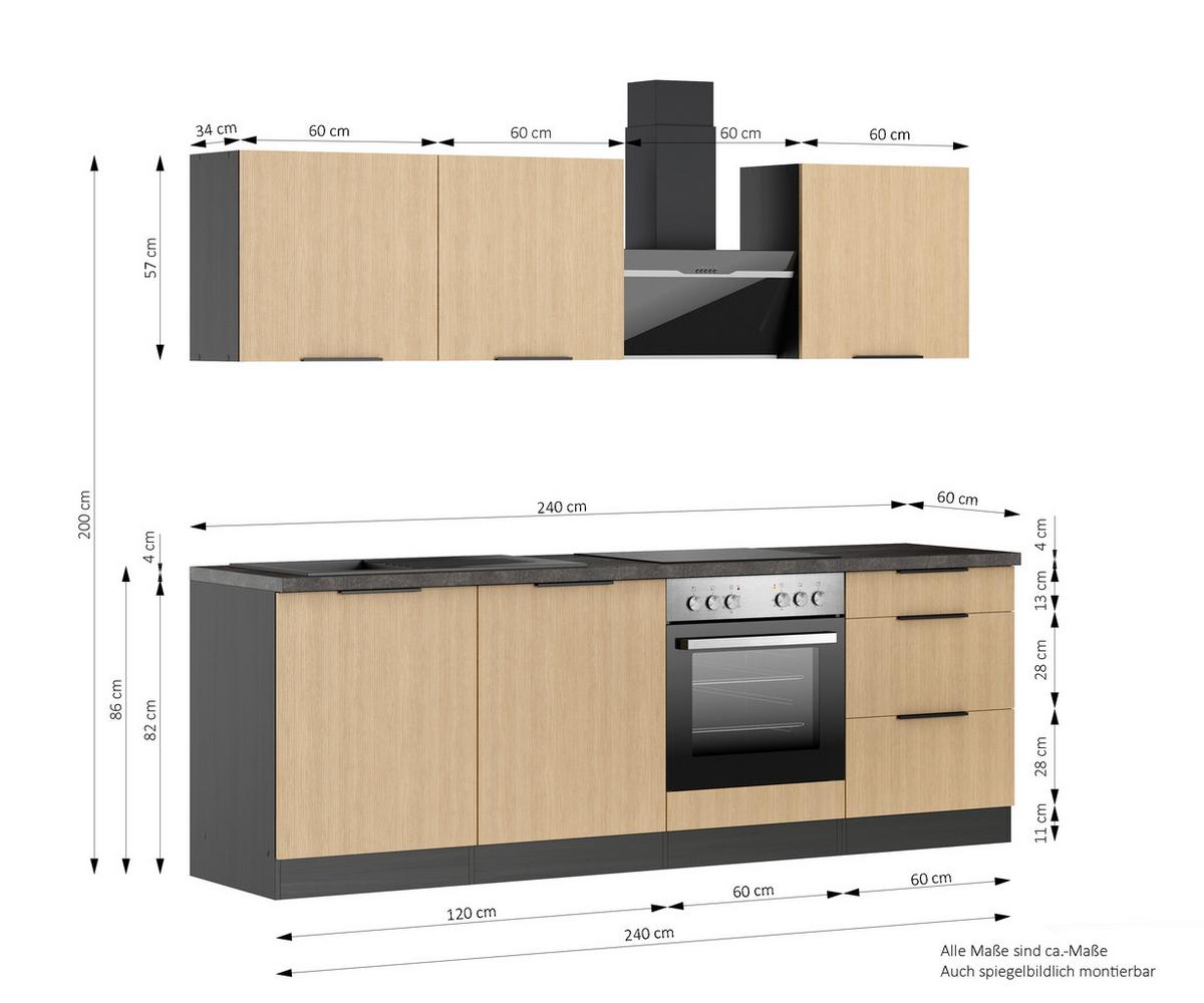 Küchenblock Glasgow m. Geräten Graphit/Eiche - Eichefarben/Graphitfarben, LIFESTYLE, Holzwerkstoff/Metall (240cm) - Held