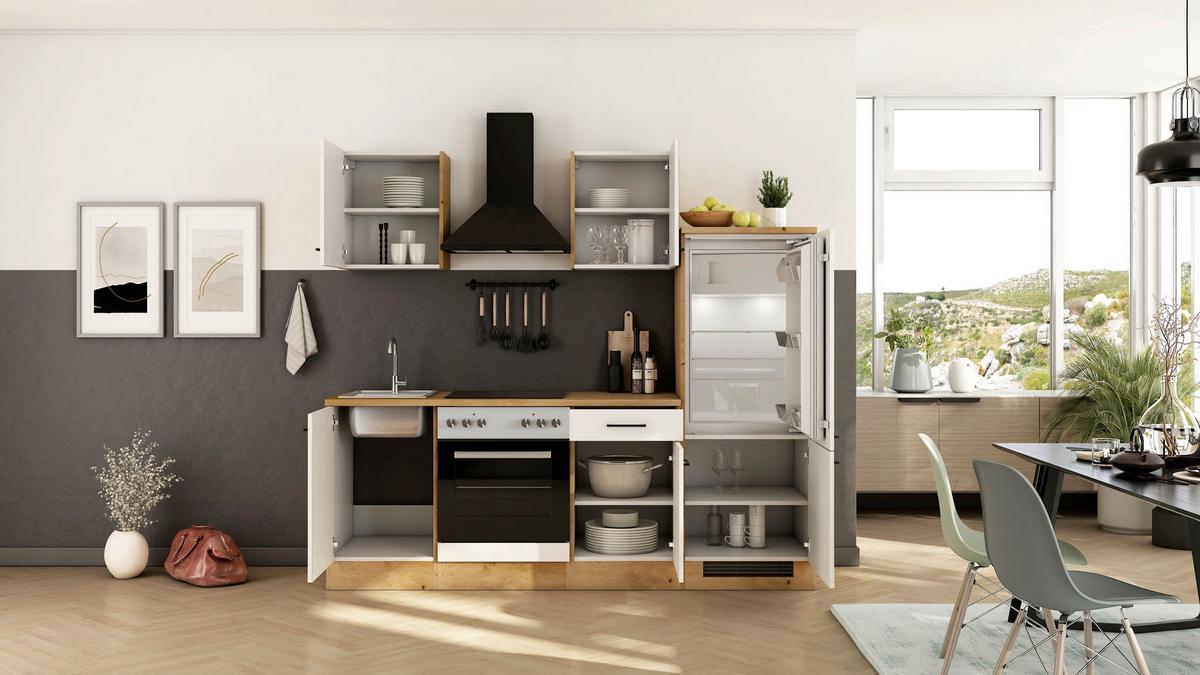 Küchenblock Avila m. Geräten Magnolie - Eichefarben/Magnolie, Trend, Holzwerkstoff/Metall (220cm) - FlexWell