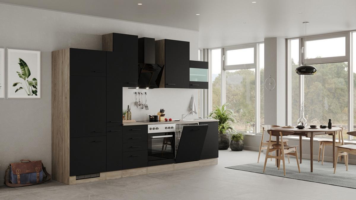 Kuhinjski Blok Capri, Črna, Hrast - črna/barve hrasta, Moderno, kovina/leseni material (310cm) - FlexWell
