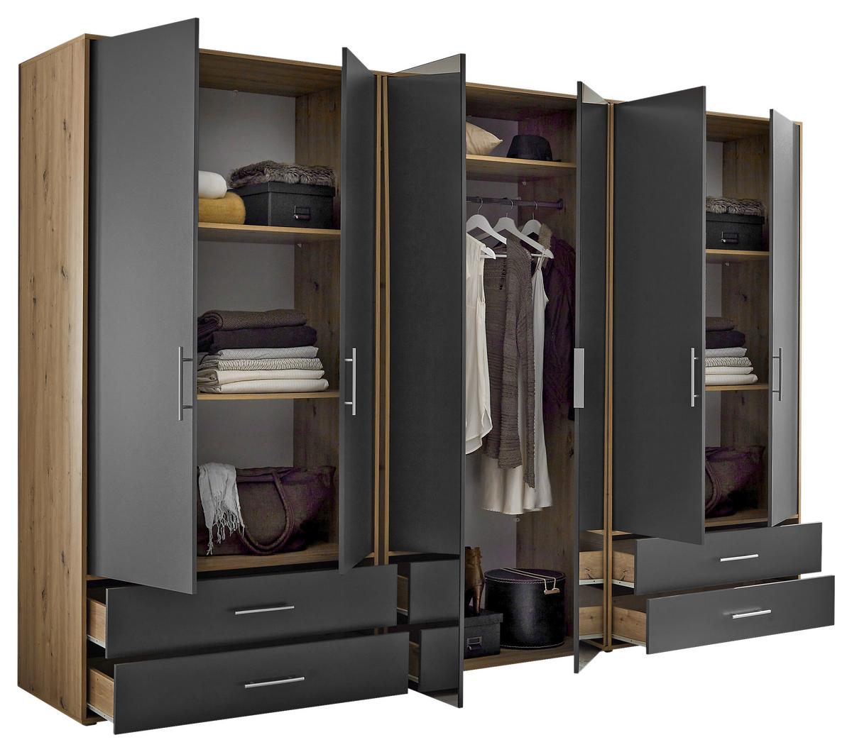 Șifonier VELAS - grafit/stejar Artisan, Konventionell, sticlă/material pe bază de lemn (305/207/58cm) - Modern Living