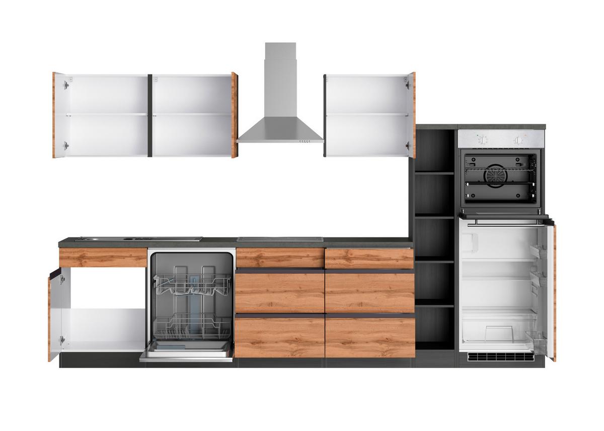 Küchenzeile Turin mit Geräten ca. 330 cm Graphit/Eiche - Eiche Wotan/Graphitfarben, Design, Holzwerkstoff (330cm) - Held