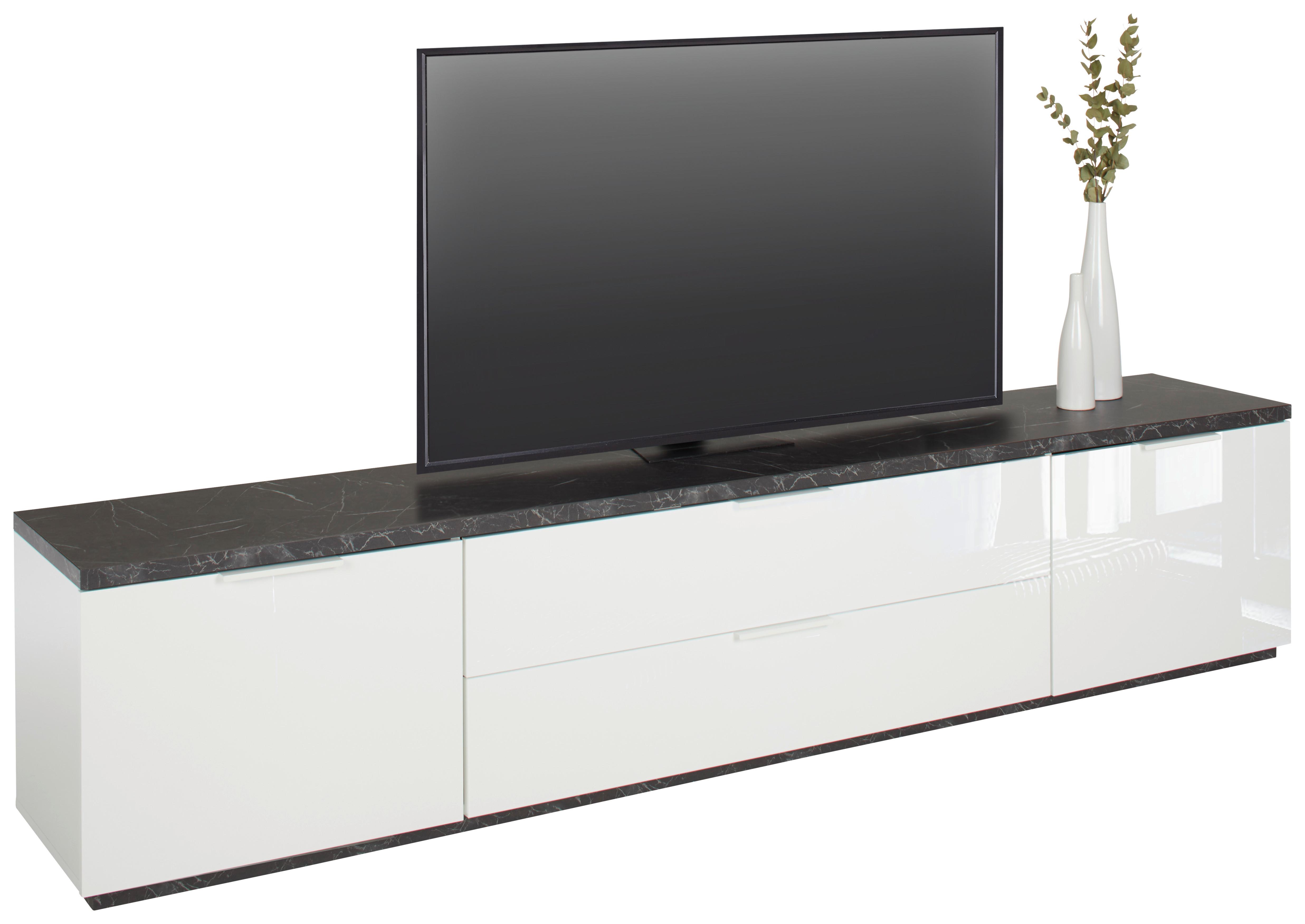Comodă joasă MUNDI - alb lucios intens/antracit, Modern, material pe bază de lemn (240/51/45cm) - Premium Living