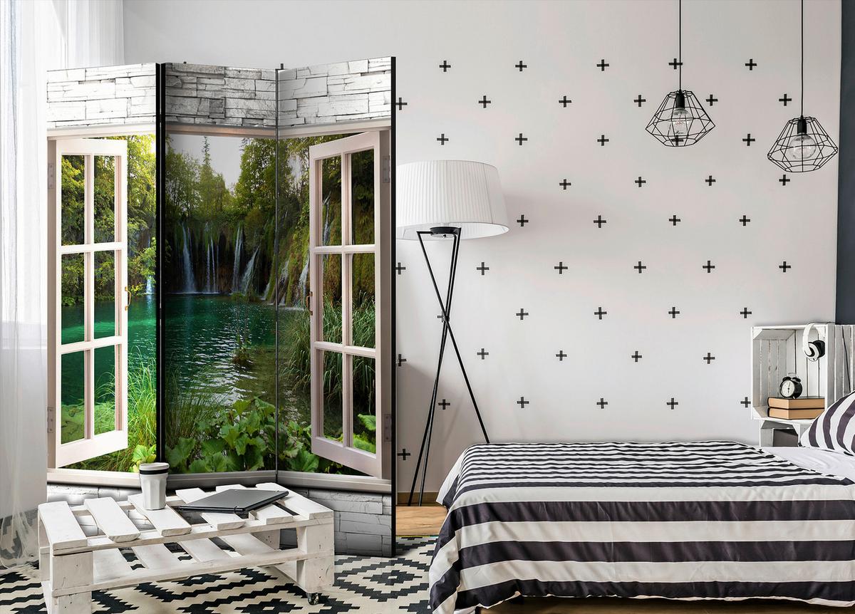 Paravent Green Treasure Grün/Grauweiß - Grauweiß/Grün, Basics, Holz/Textil (135/172/3cm) - artgeist