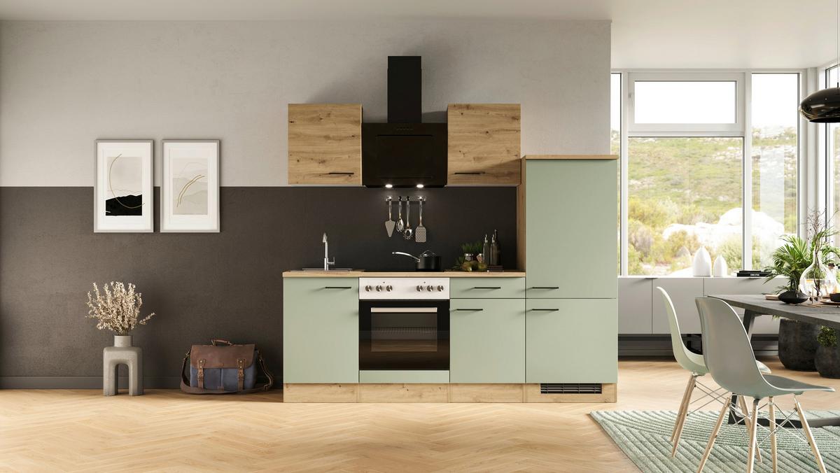 Küchenblock Cara mit Geräten ca. 220 cm Grün/Eiche - Schilfgrün/Schwarz, MODERN, Holzwerkstoff/Metall (220cm) - FlexWell