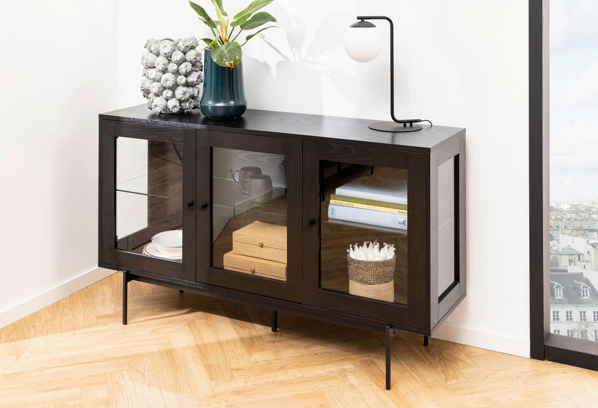Tálalószekrény Angus - fekete, faalapú anyag/Üveg (140/82/40cm)